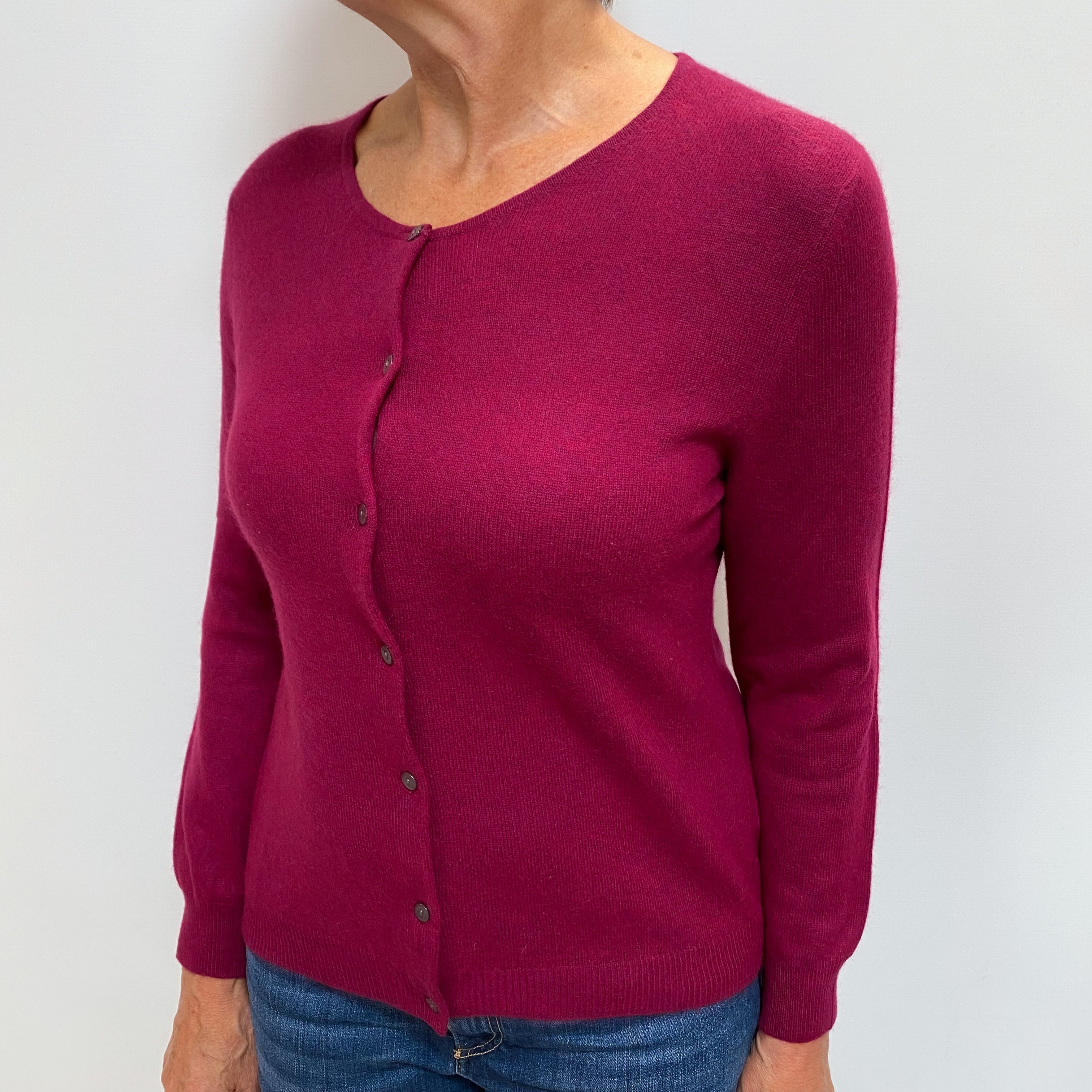 Deep Magenta Pink Cashmere Crew Cardigan Medium