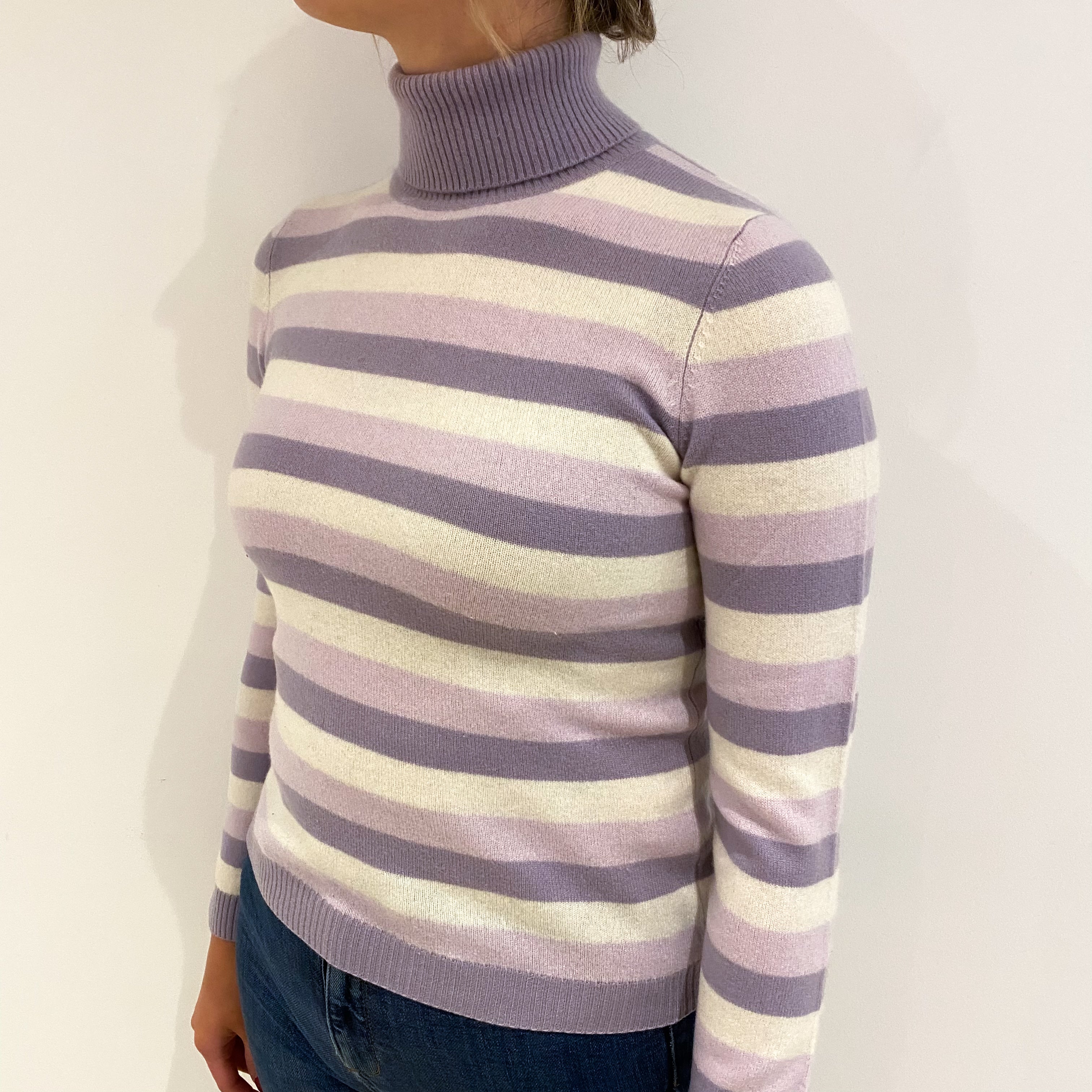 Pale Purple Stripe Cashmere Polo Neck Jumper Small