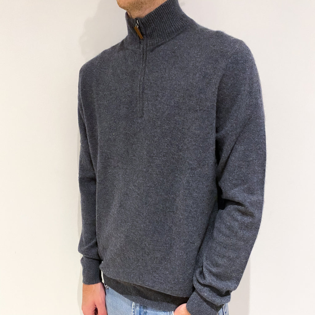 Men's Slate Grey Cashmere 1/4 Zip Jumper Large