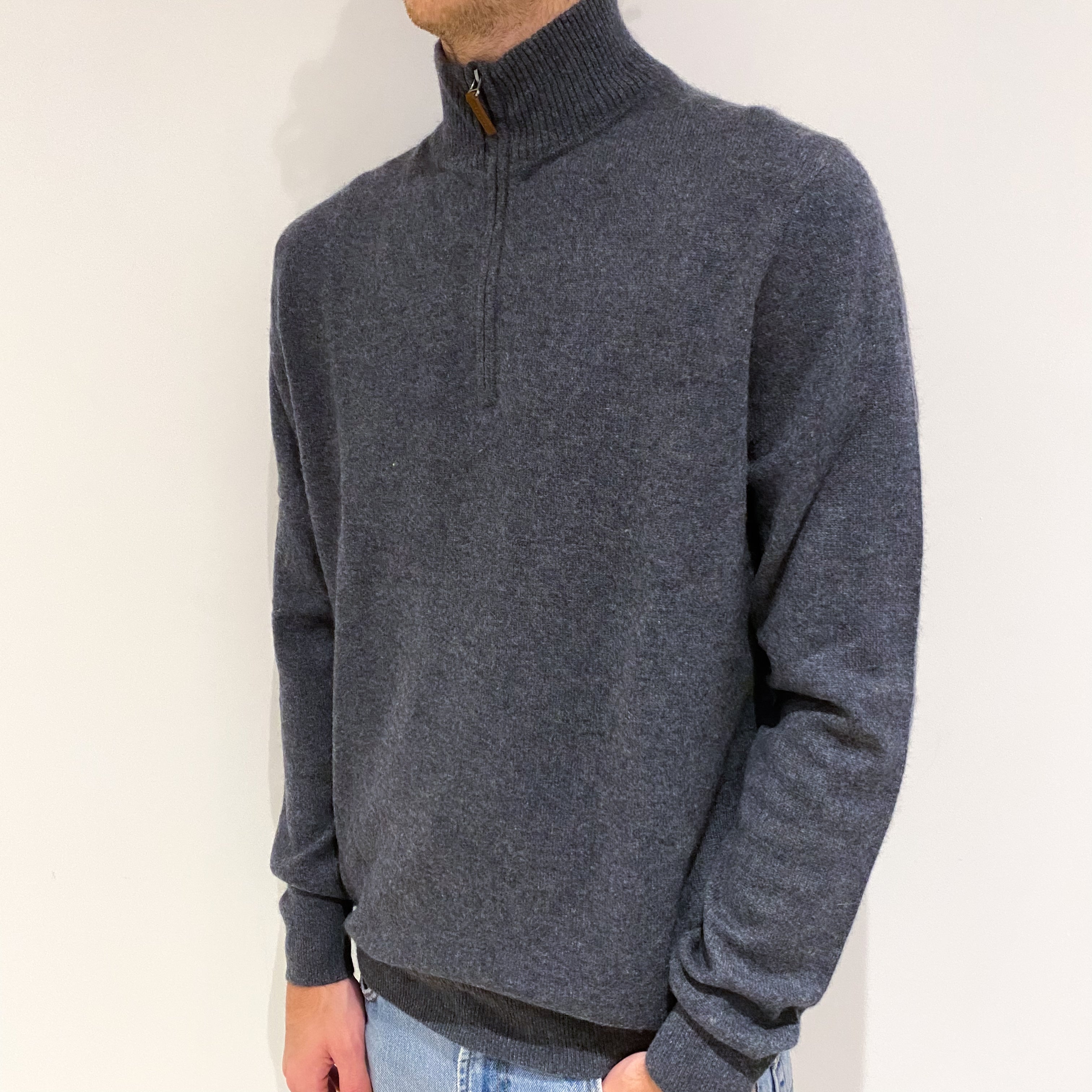 Men's Slate Grey Cashmere 1/4 Zip Jumper Large