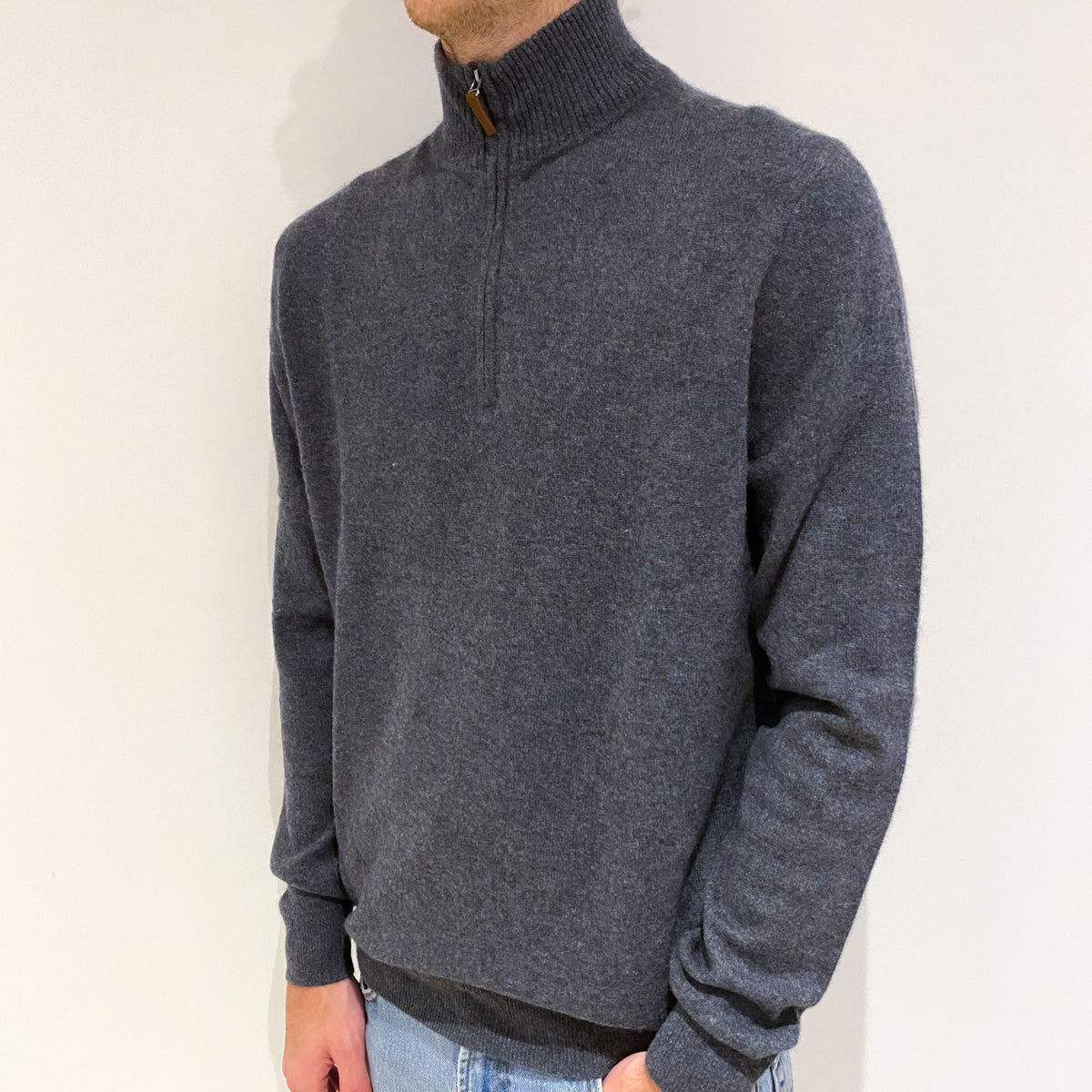 Men's Slate Grey Cashmere 1/4 Zip Jumper Large