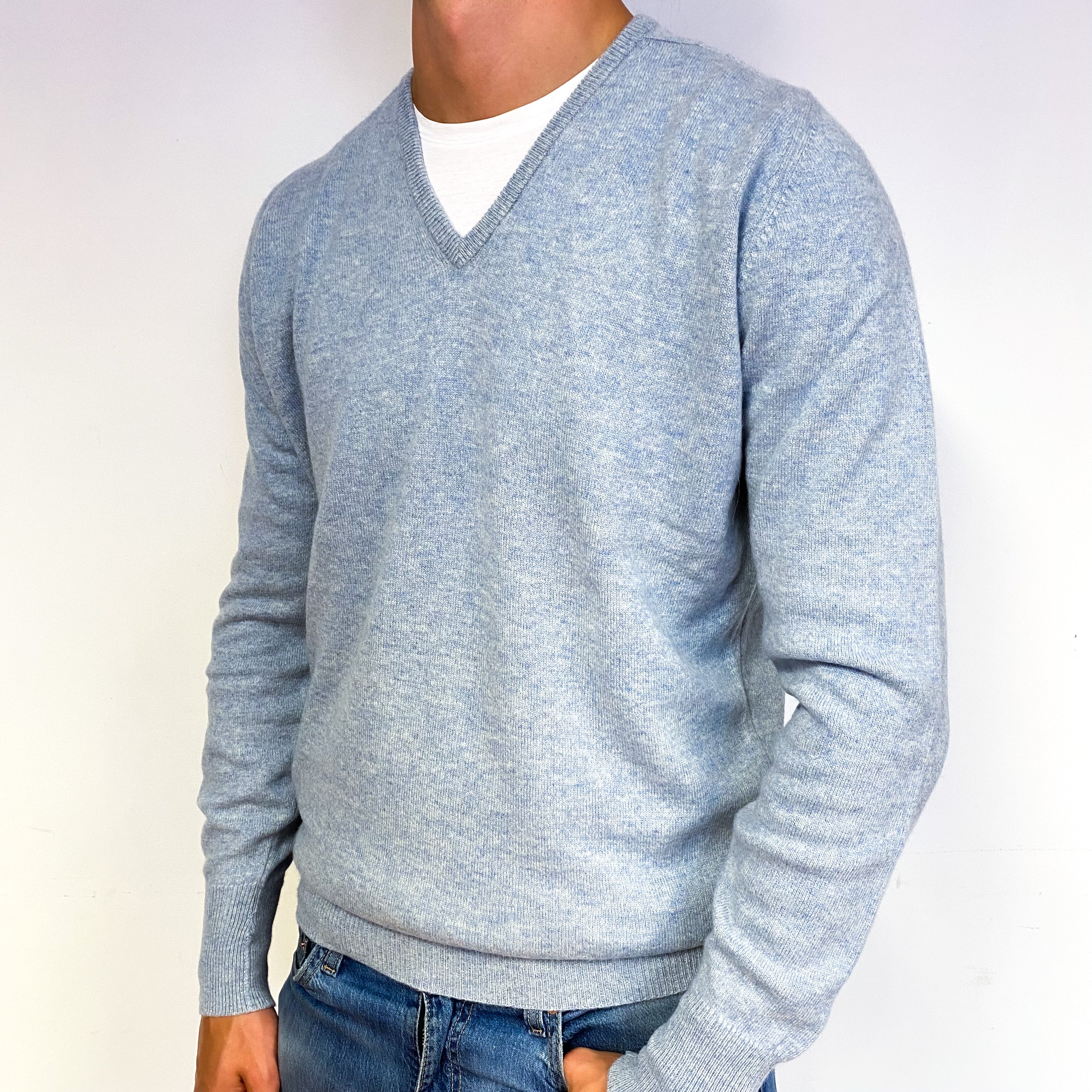 Men's Opal Blue Cashmere V-Neck Jumper Extra Large