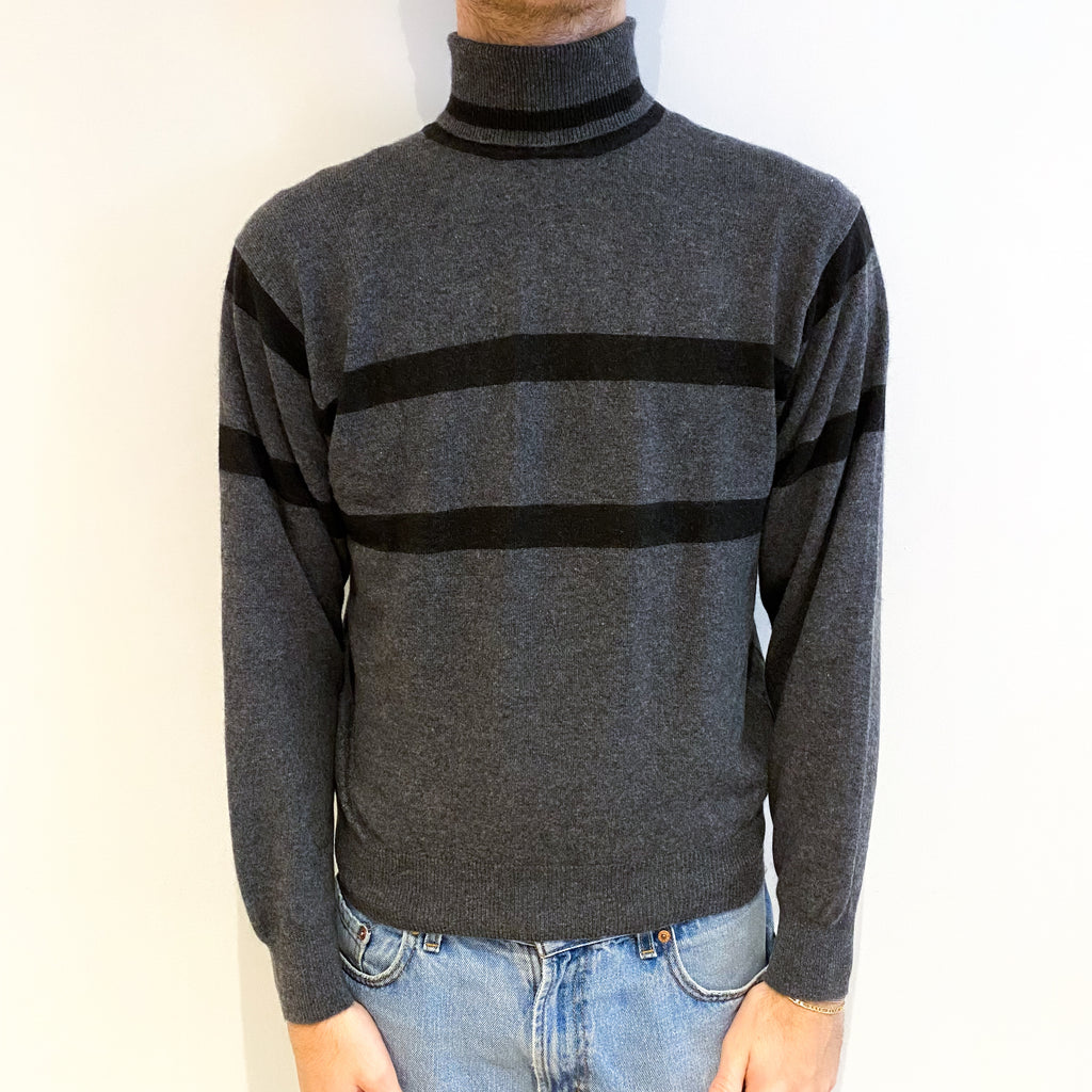 Men's Slate Grey Black Stripe Cashmere Polo Neck Jumper Large