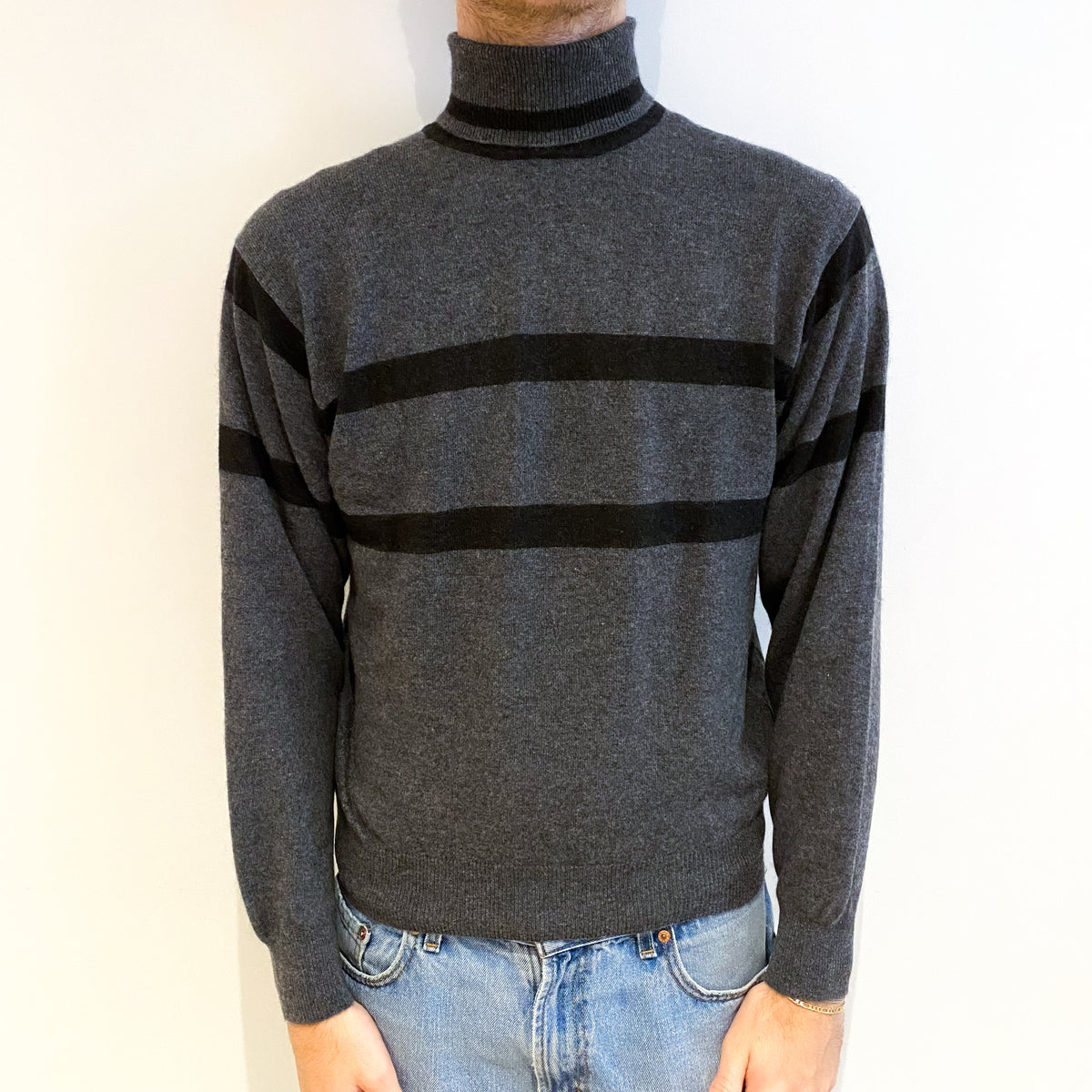 Men's Slate Grey Black Stripe Cashmere Polo Neck Jumper Large