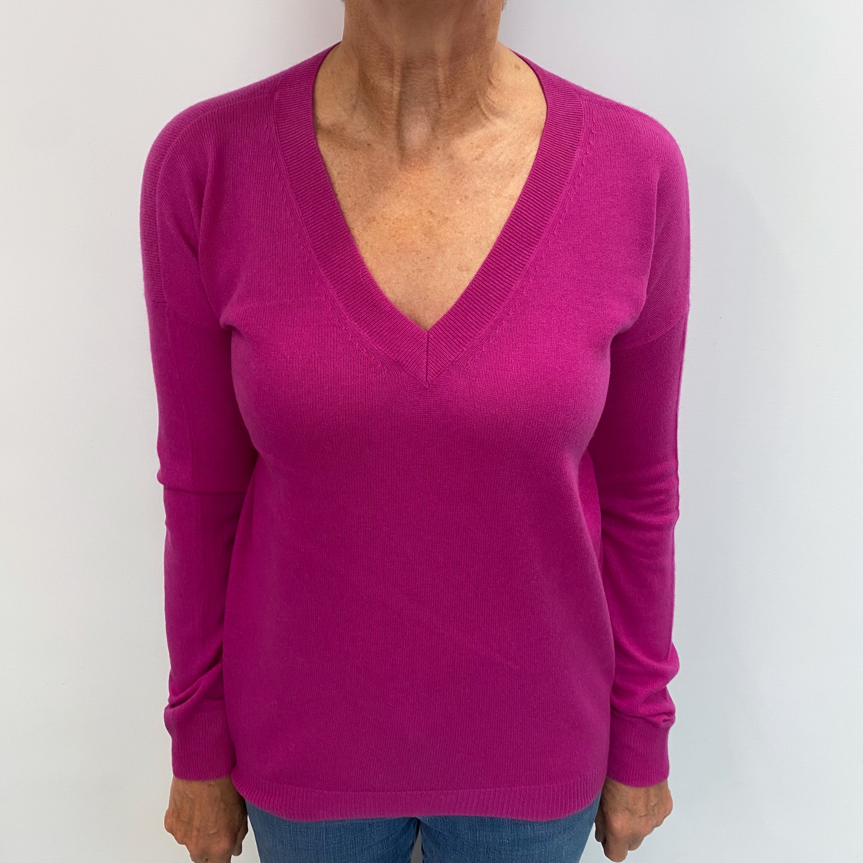 Magenta Pink Cashmere V Neck Jumper Medium