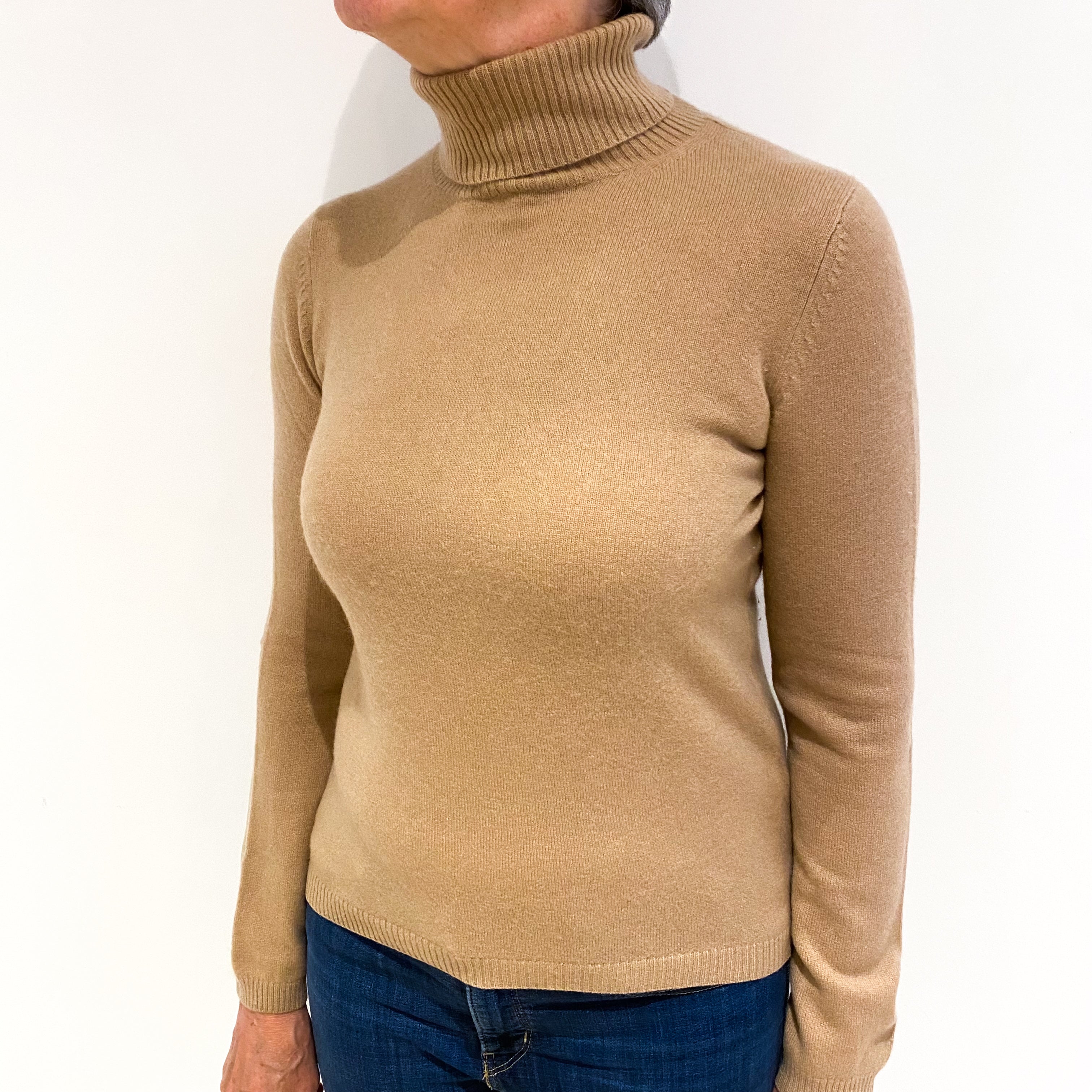 Camel Brown Cashmere Polo Neck Jumper Medium