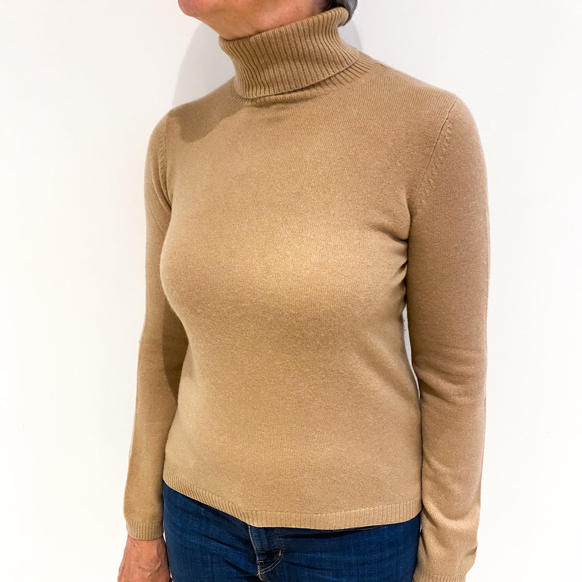 Camel Brown Cashmere Polo Neck Jumper Medium