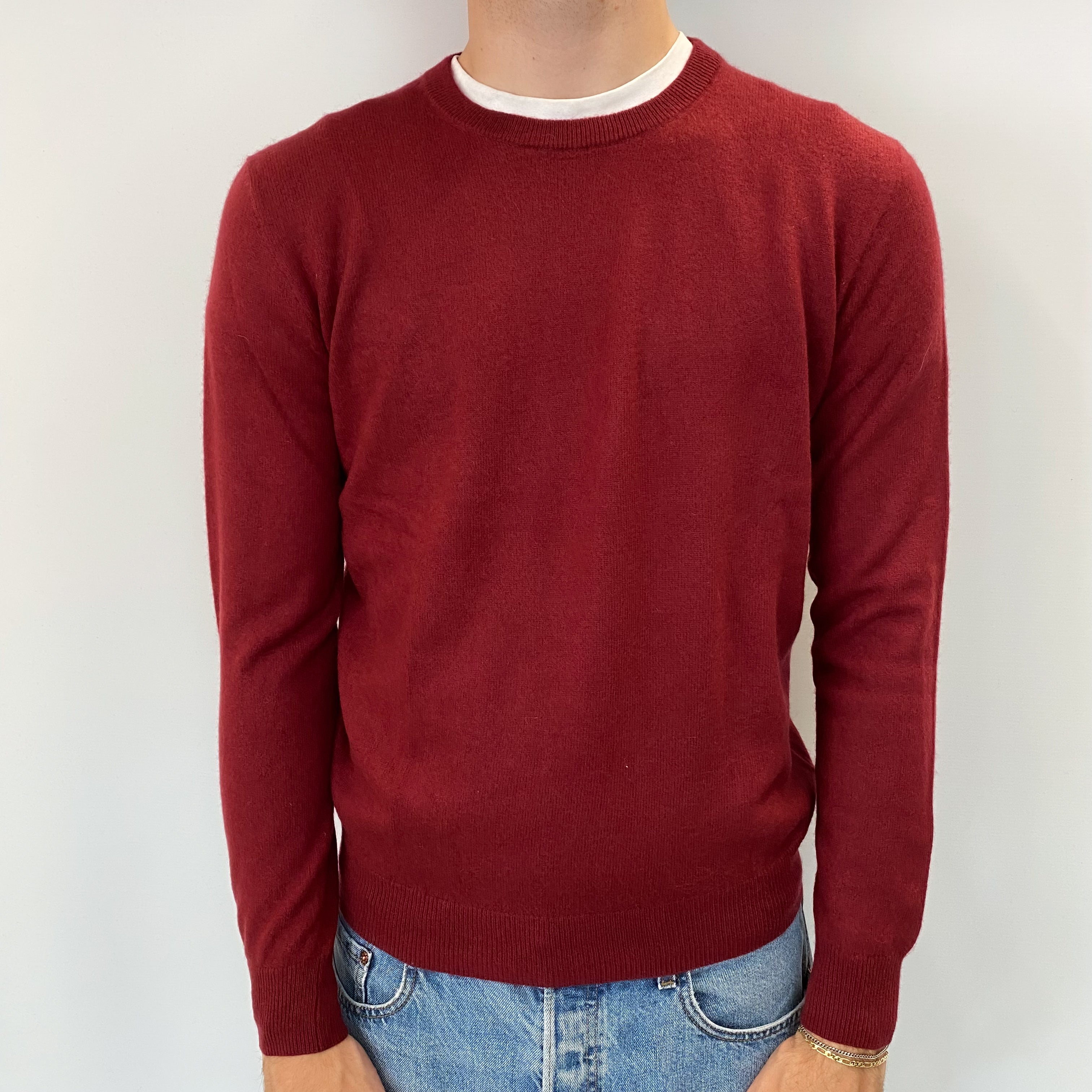 Men's Burgundy Crew Cashmere Crew Neck Jumper Medium
