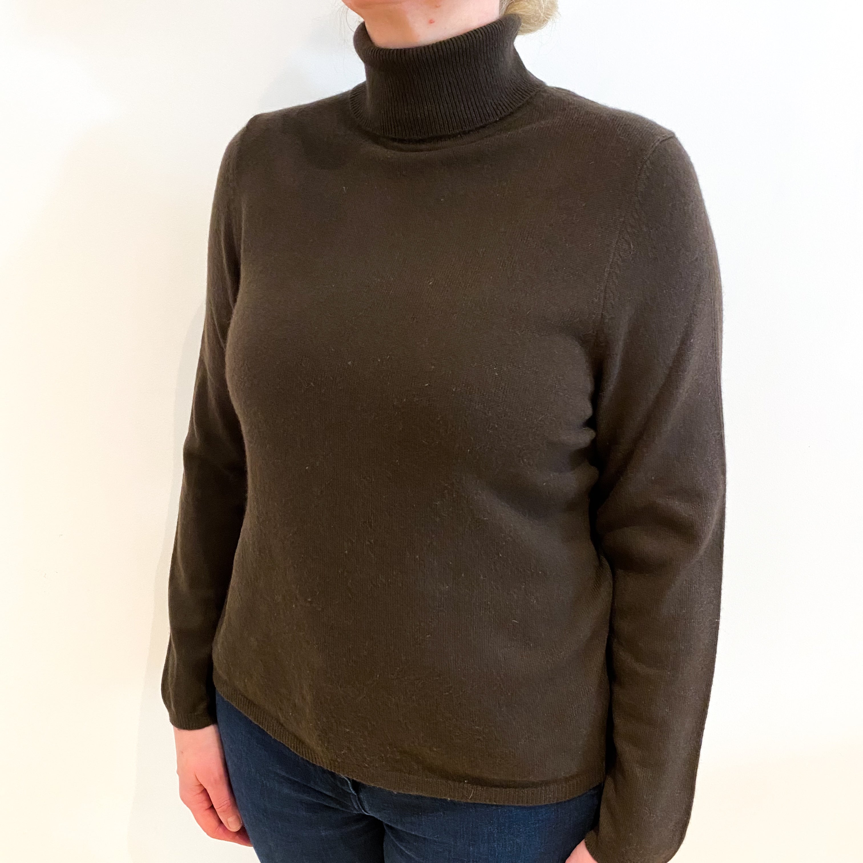 Chocolate Brown Cashmere Polo Neck Jumper Large