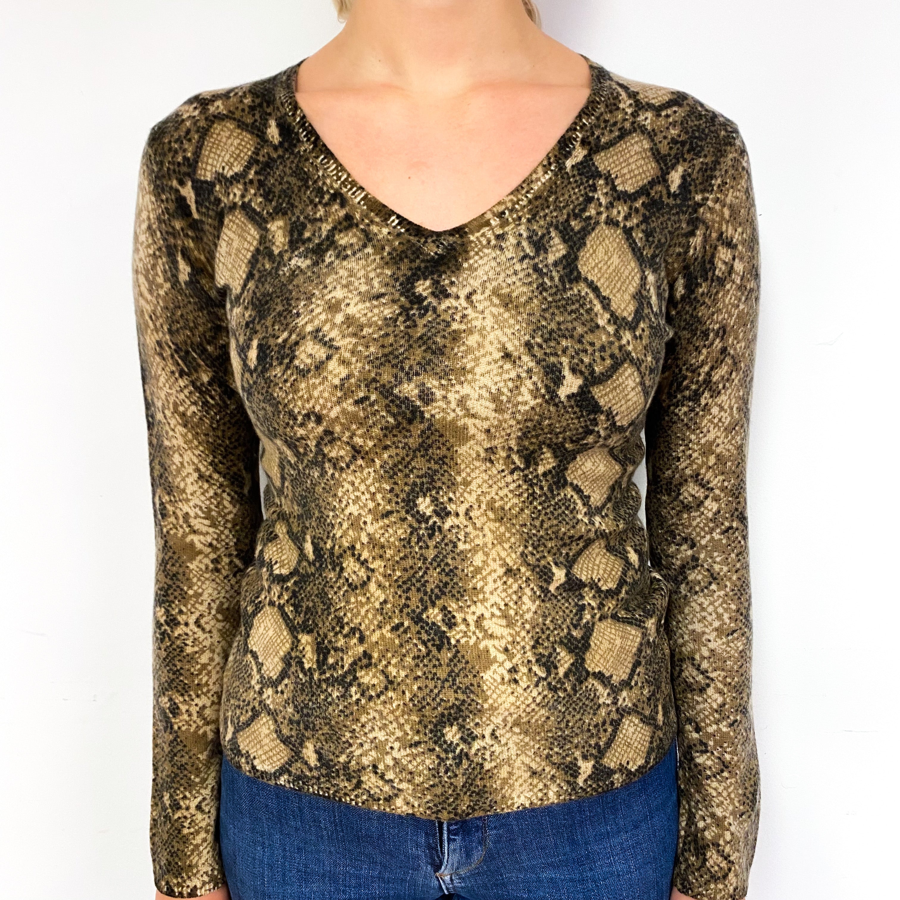 Brown Snake Print Cashmere V-Neck Jumper Small