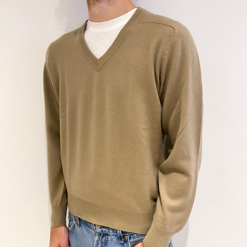 Men's Buff Beige Cashmere V Neck Jumper Medium