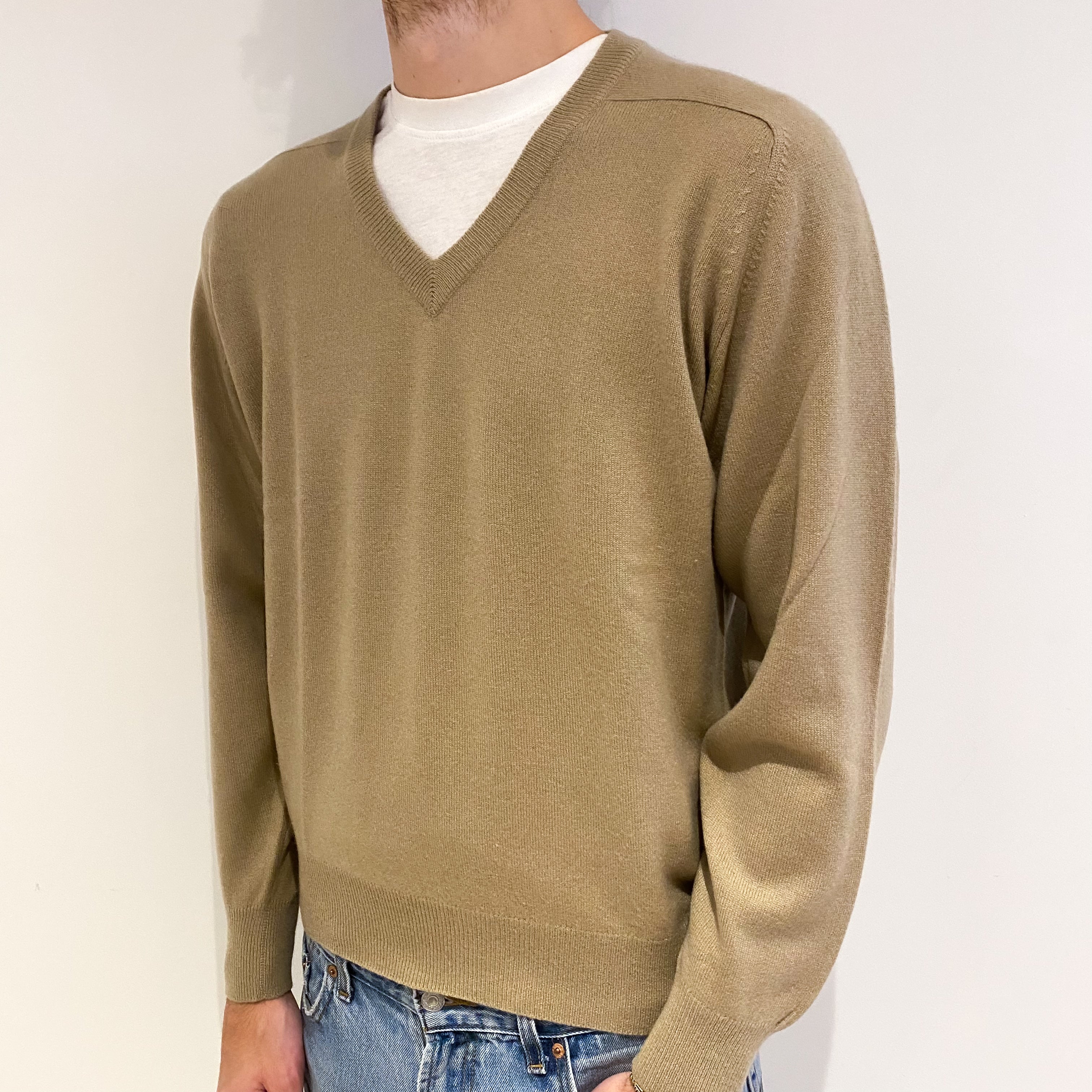 Men's Buff Beige Cashmere V Neck Jumper Medium