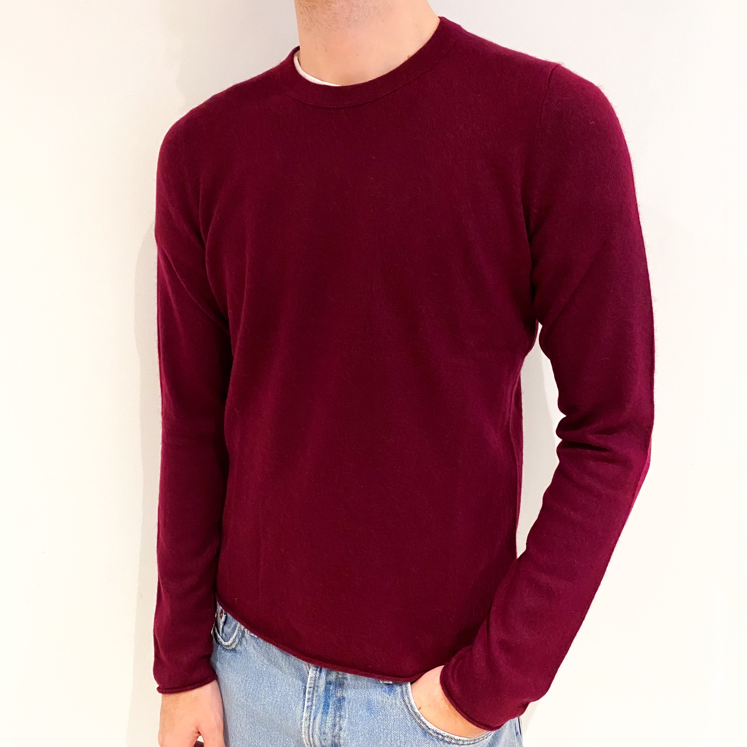 Men's Burgundy Red Cashmere Crew Neck Jumper Medium
