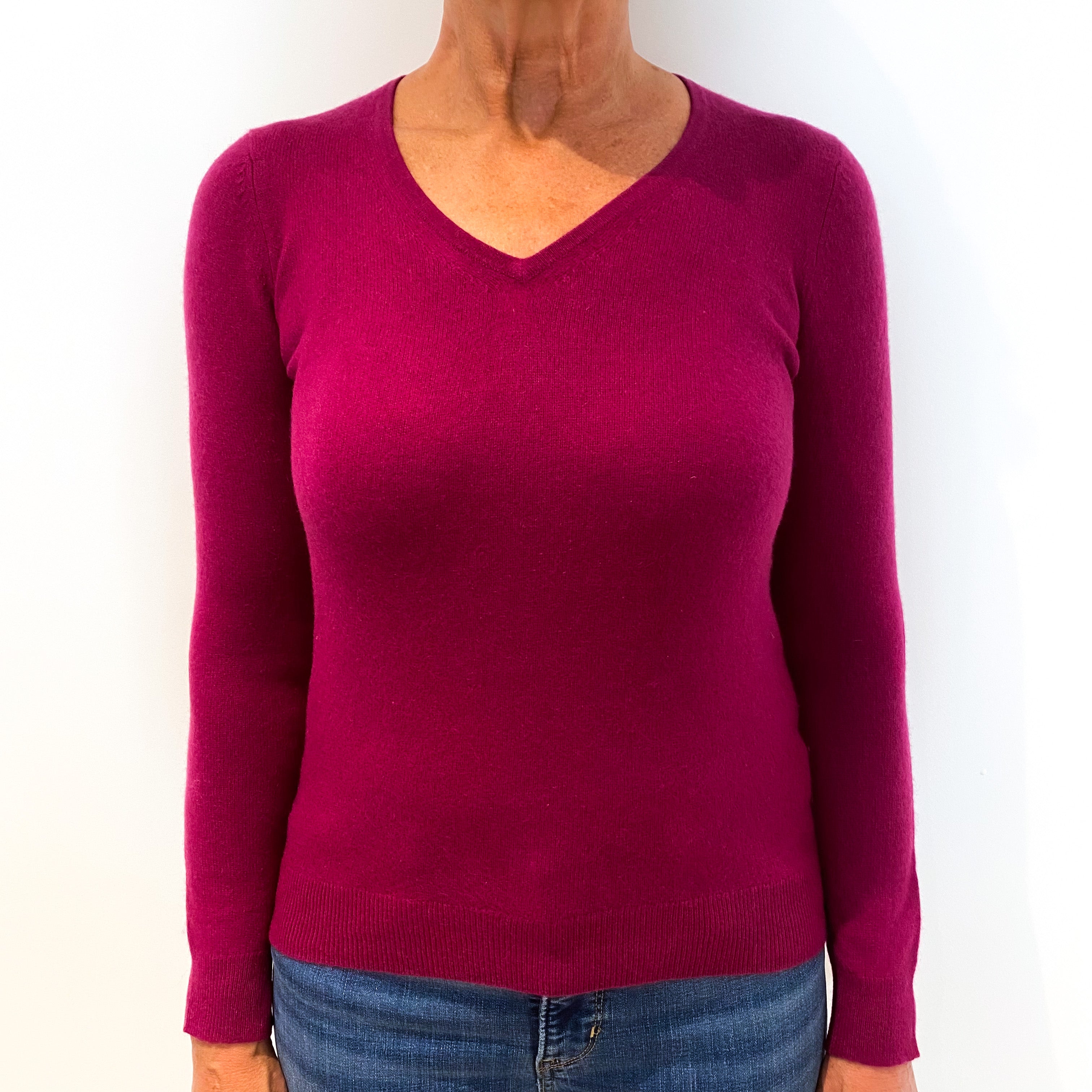 Magenta Pink Cashmere V-Neck Jumper Medium