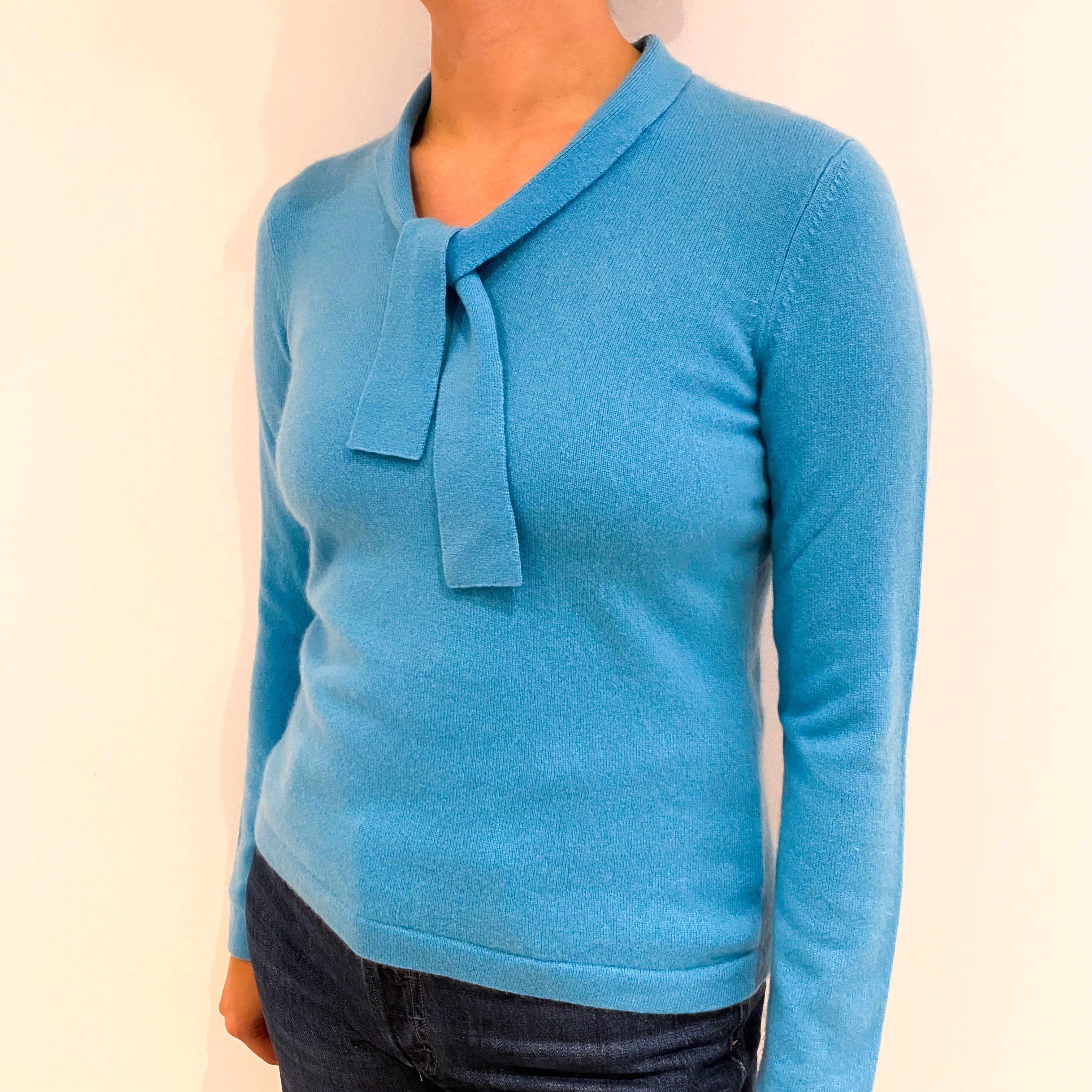 Aqua Blue Cashmere Neck Tie Jumper Small Petite