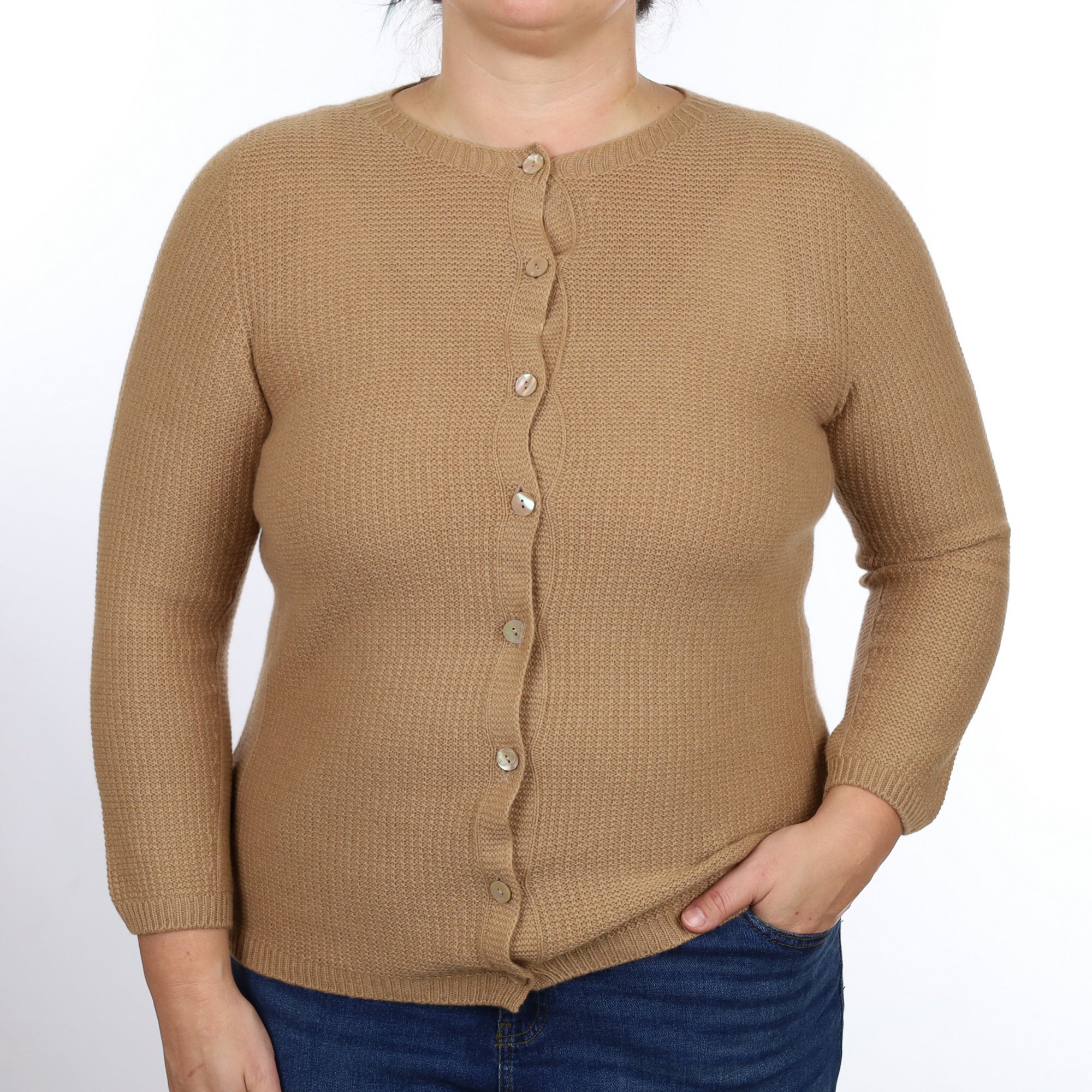 Toffee Brown Textured Cashmere Crew Neck Cardigan Large