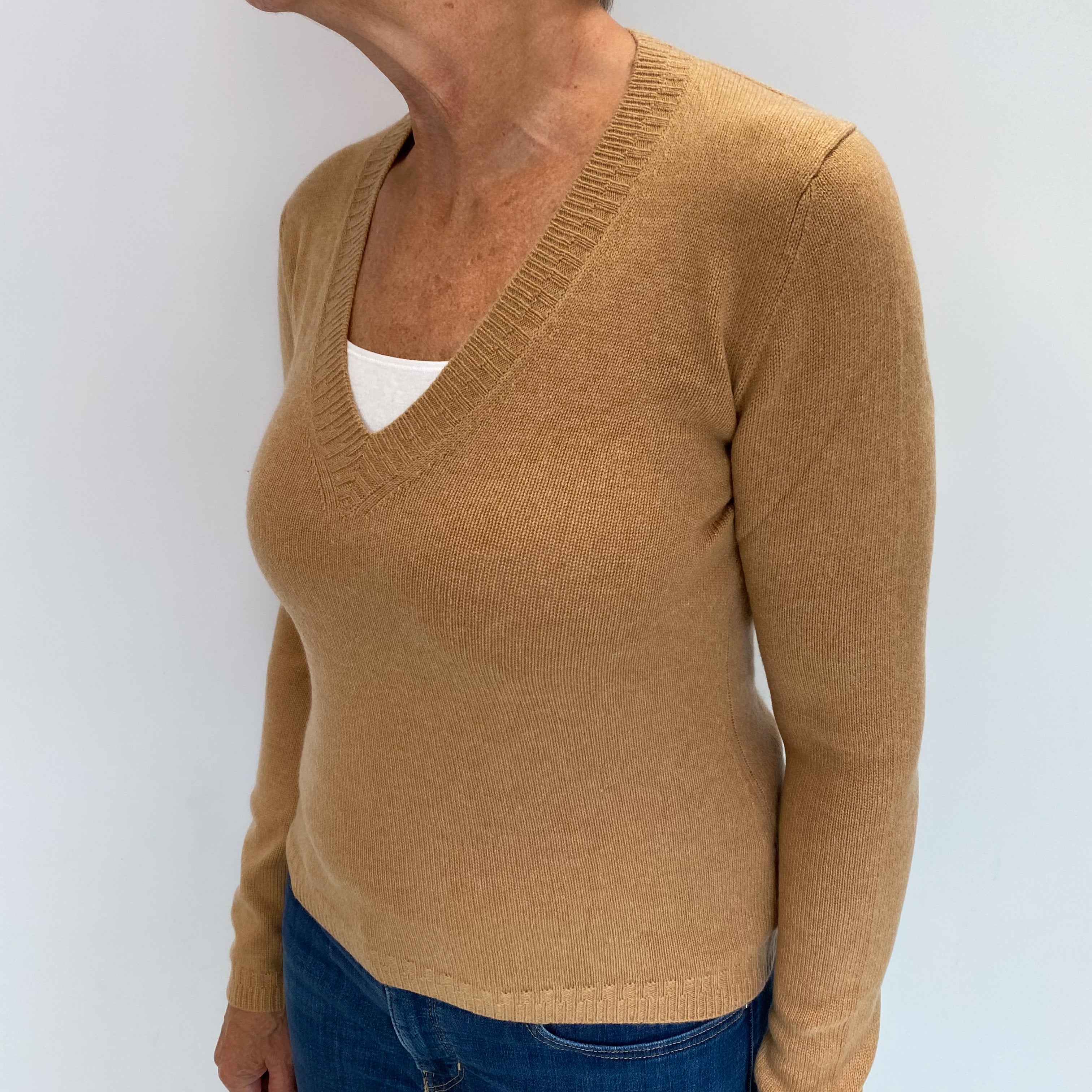 Butterscotch Brown Cashmere V Neck Jumper Medium