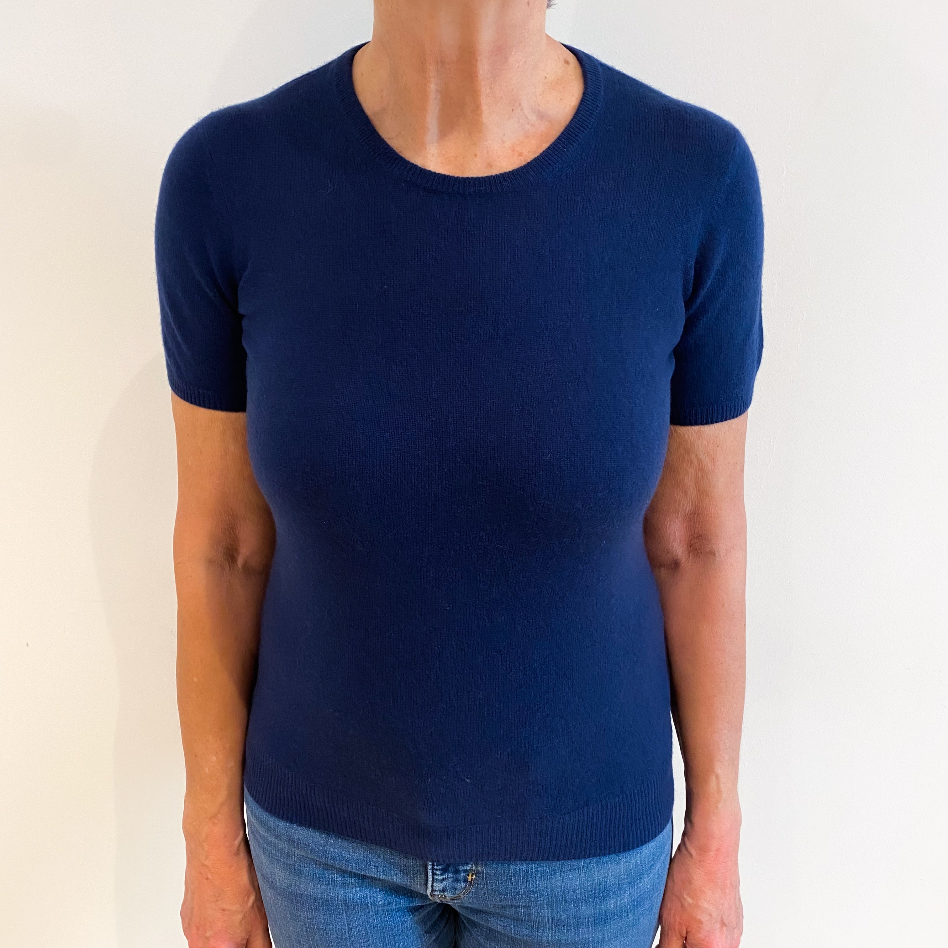 French Navy Cashmere Short Sleeved Crew Neck Jumper Medium