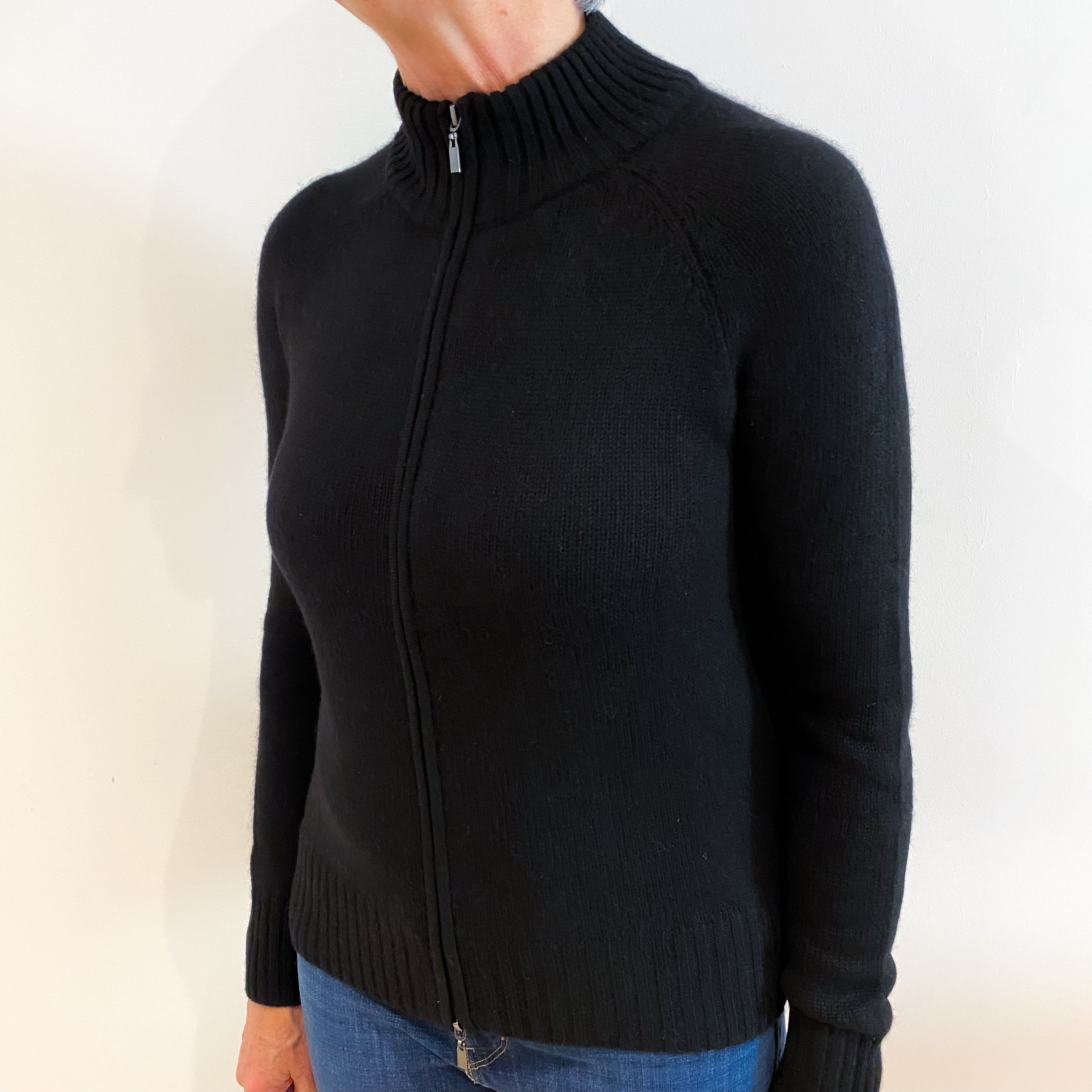 Black Cashmere Turtle Neck Zip Up Cardigan Medium