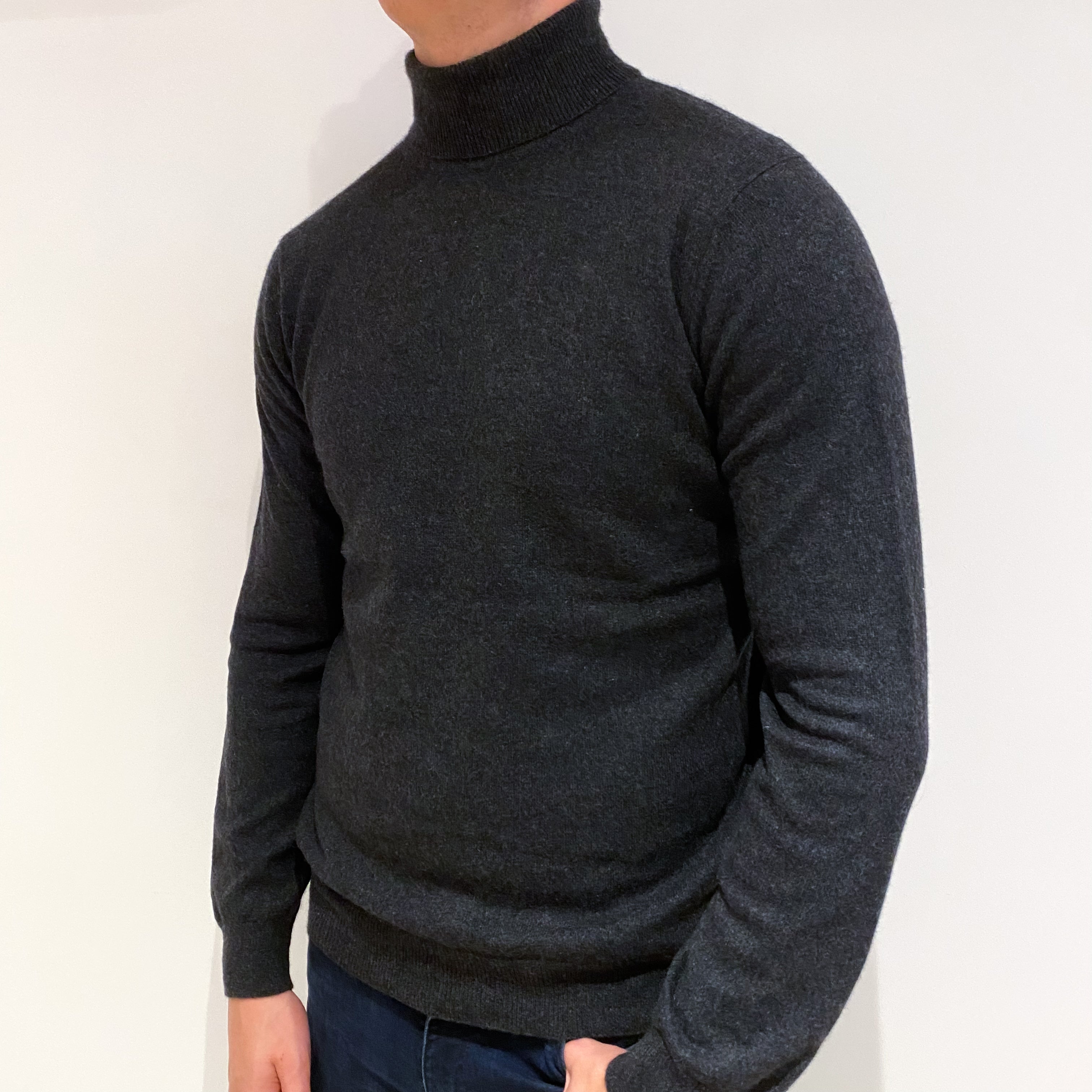 Men's Dark Grey Cashmere Polo Neck Jumper Extra Large