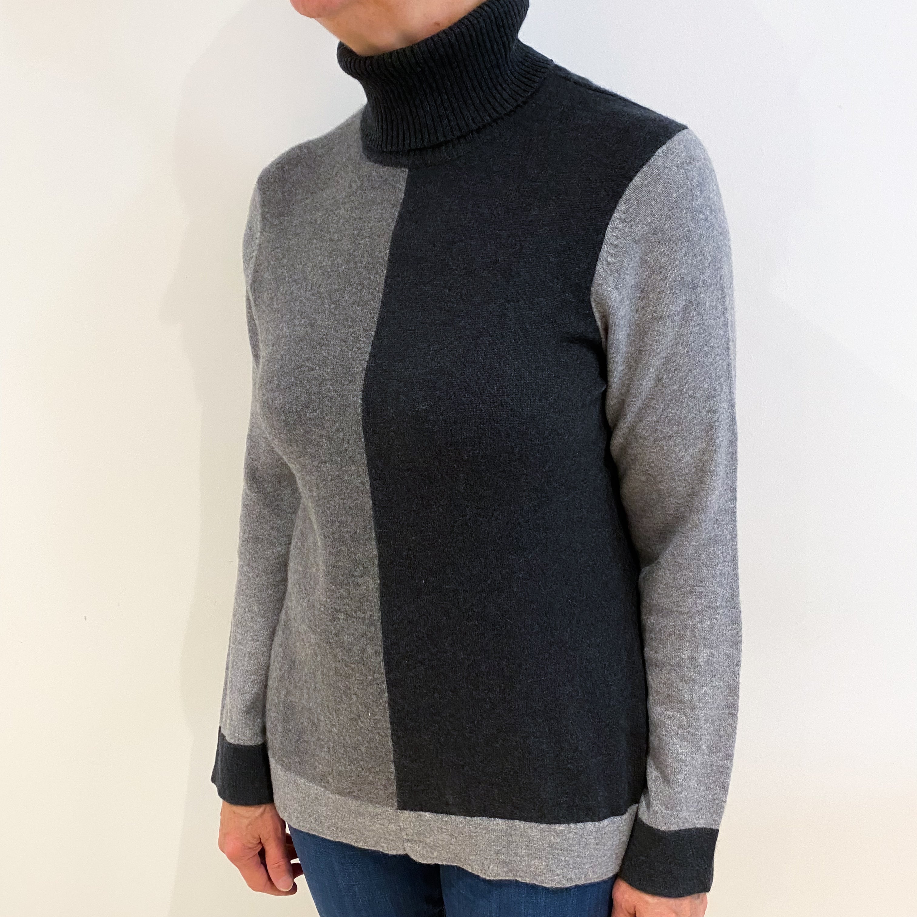 Grey Colour Block Cashmere Polo Neck Jumper Medium