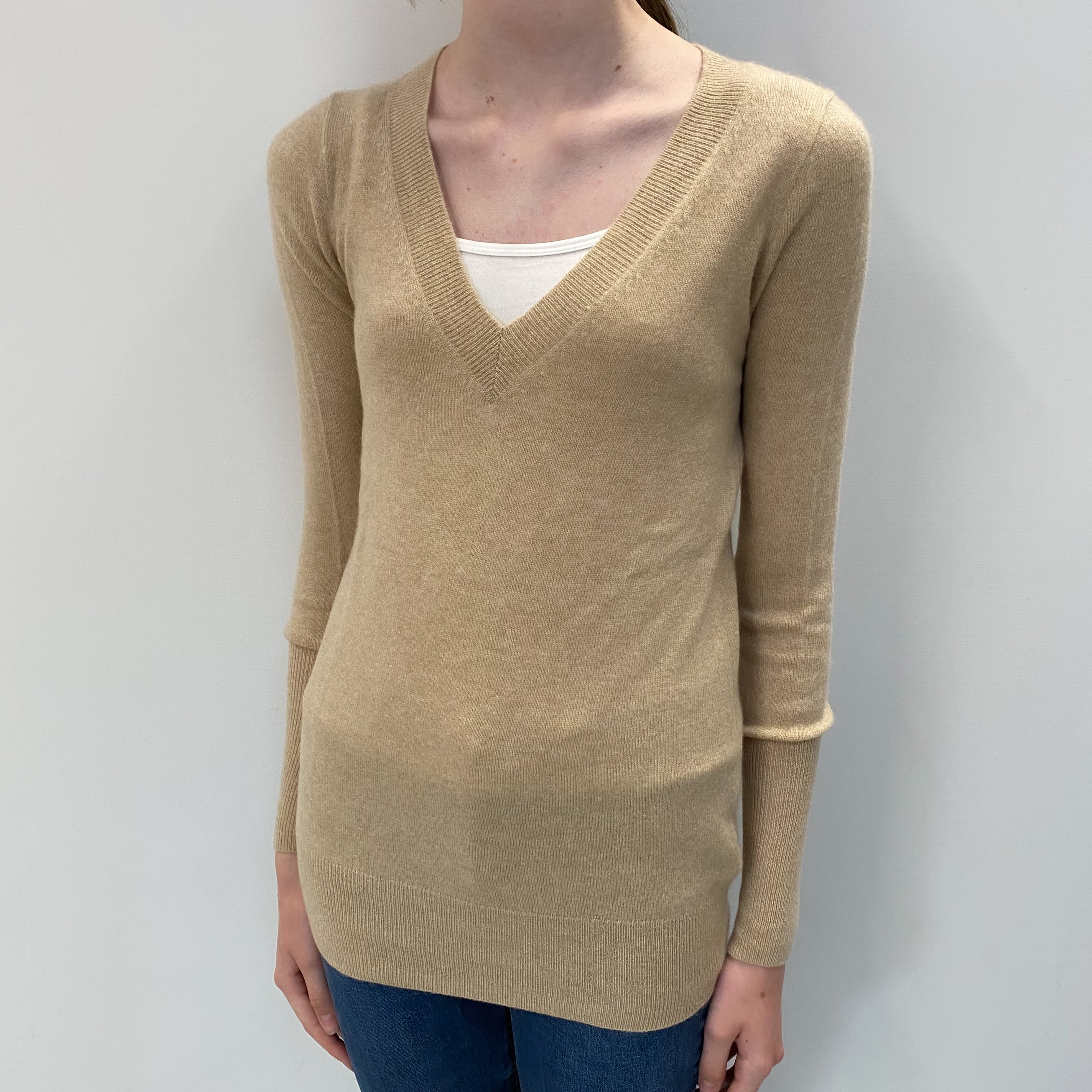 Sand Beige Cashmere V Neck Jumper Extra Small