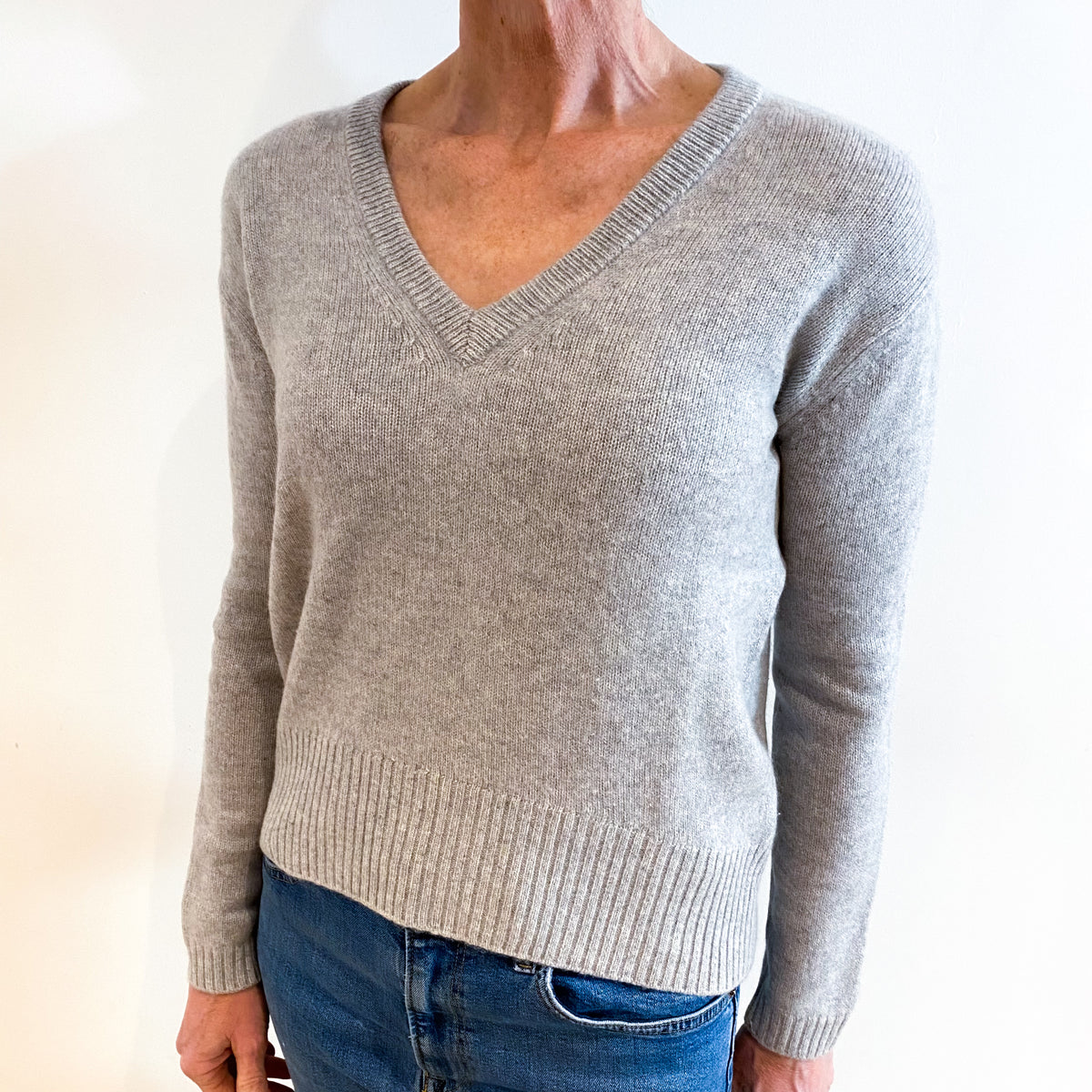 Smoke Grey Cashmere Neck Tie V Neck Jumper Small