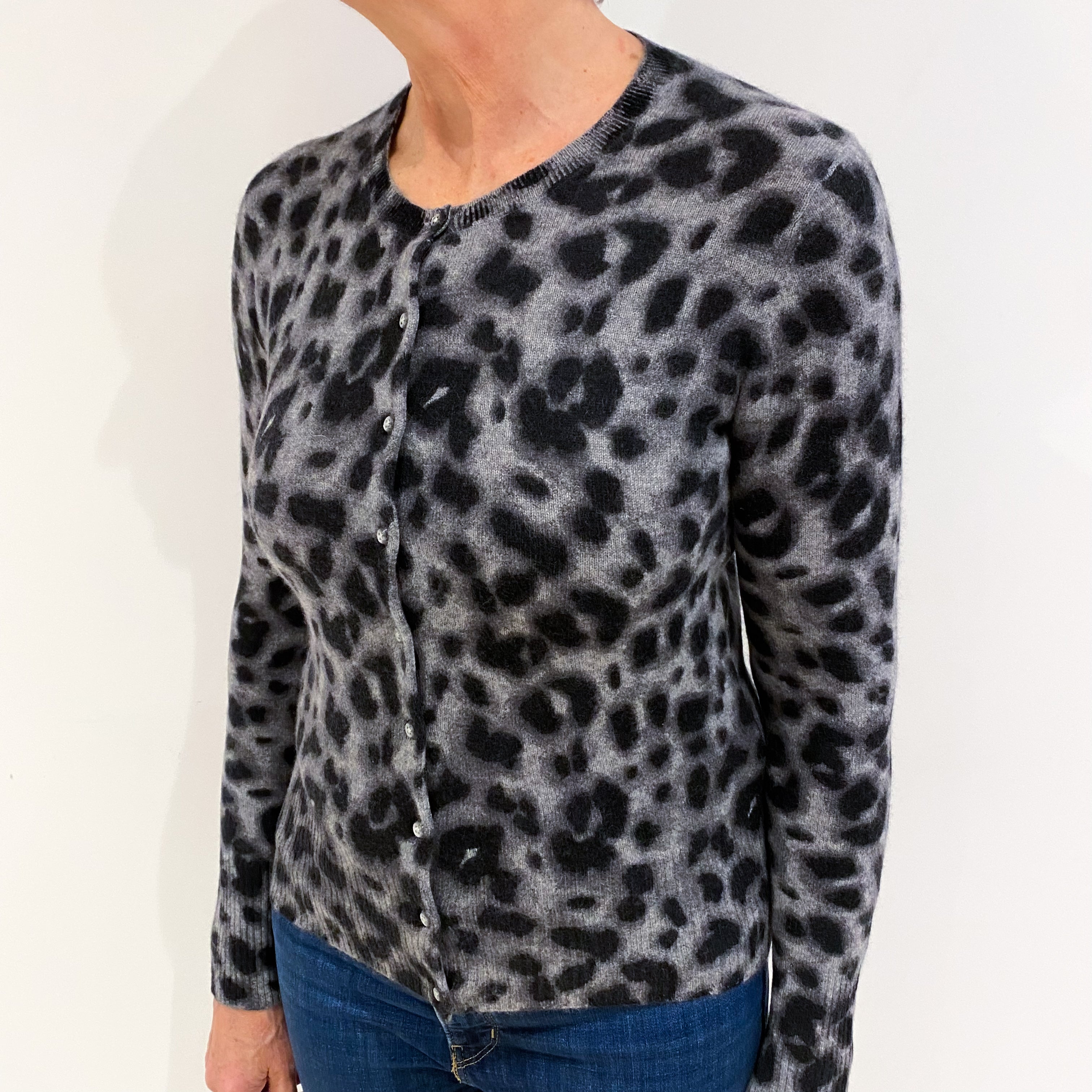 Grey Animal Print Cashmere Crew Neck Cardigan Medium