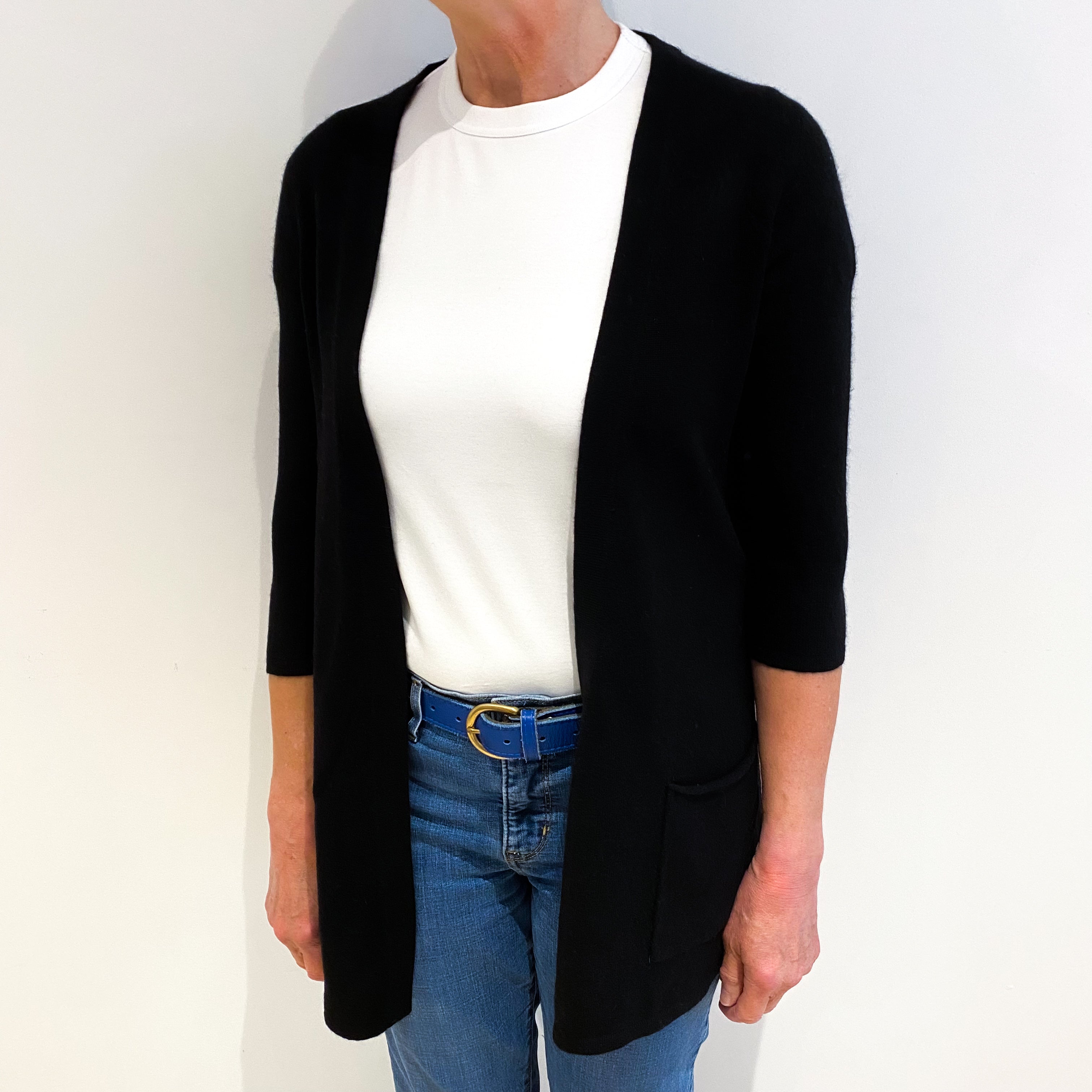 Black Cashmere Edge To Edge Cardigan With Pockets Medium