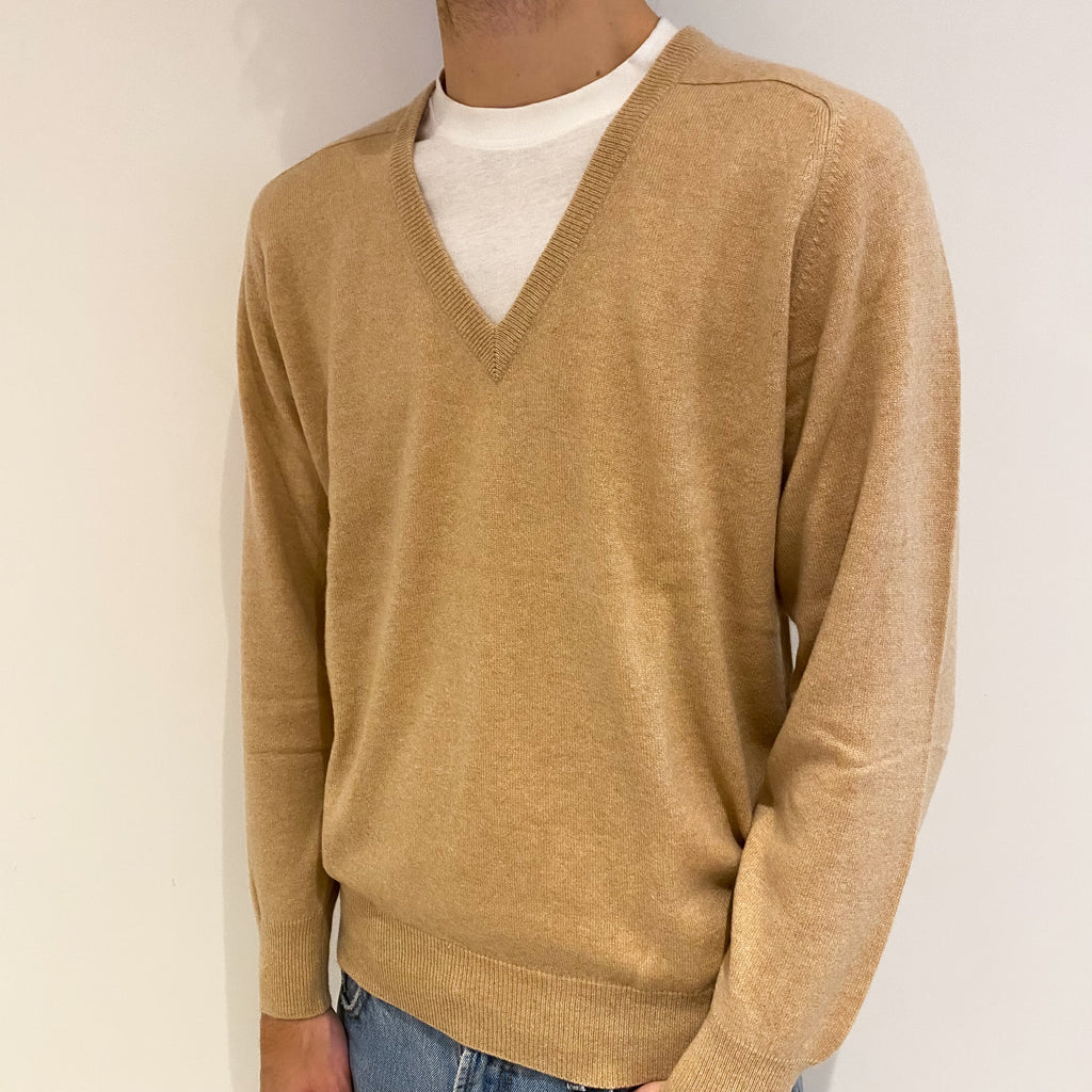 Men's Sand Beige Cashmere V Neck Jumper Large