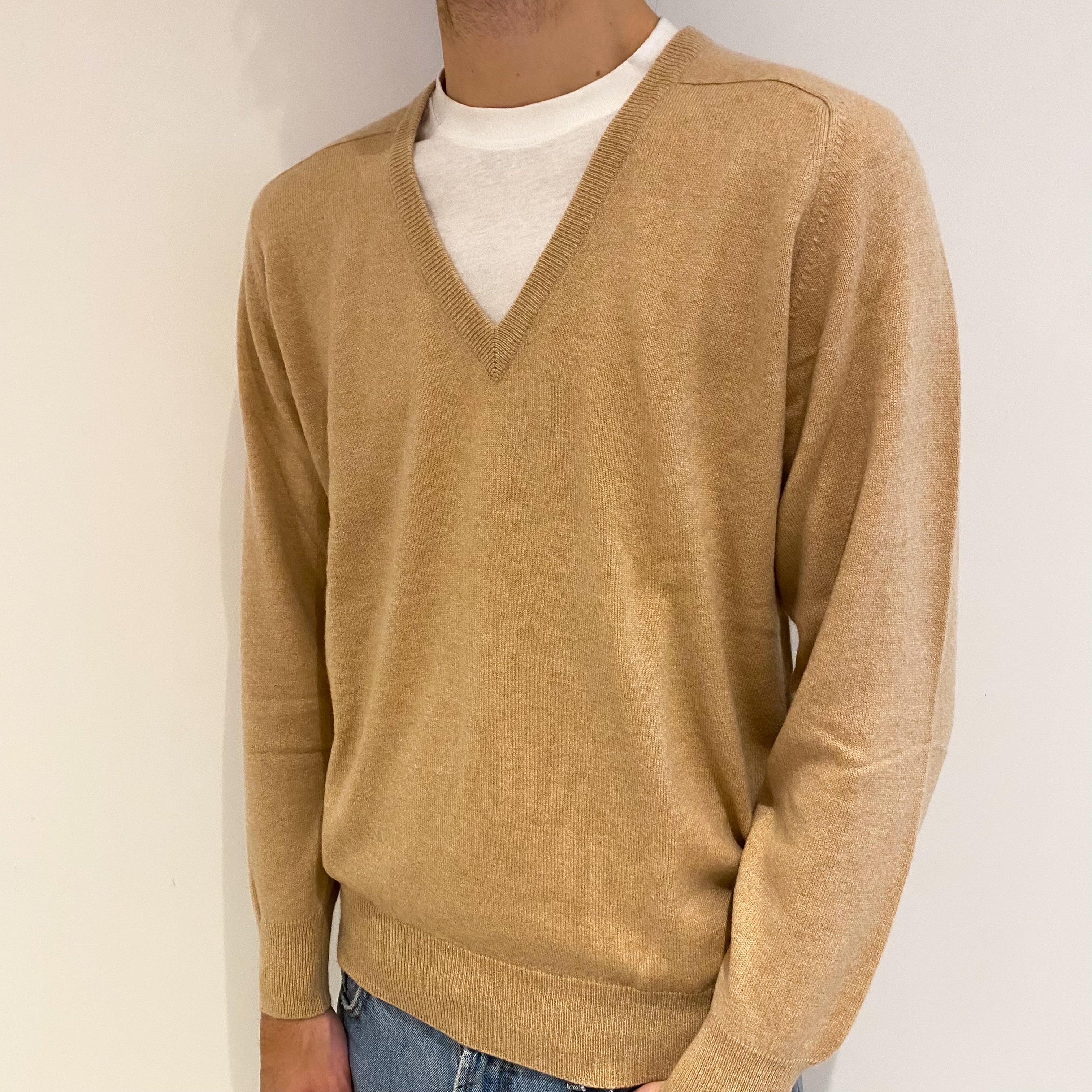 Men's Sand Beige Cashmere V Neck Jumper Large
