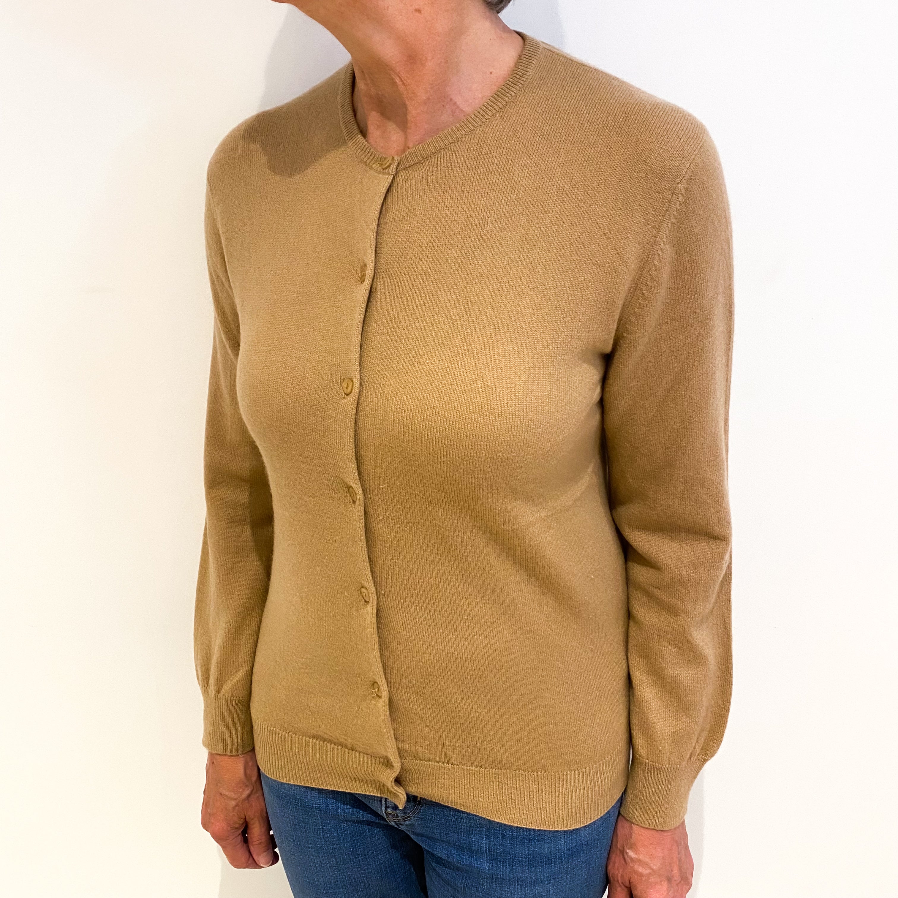 Camel Brown Cashmere Crew Neck Cardigan Medium