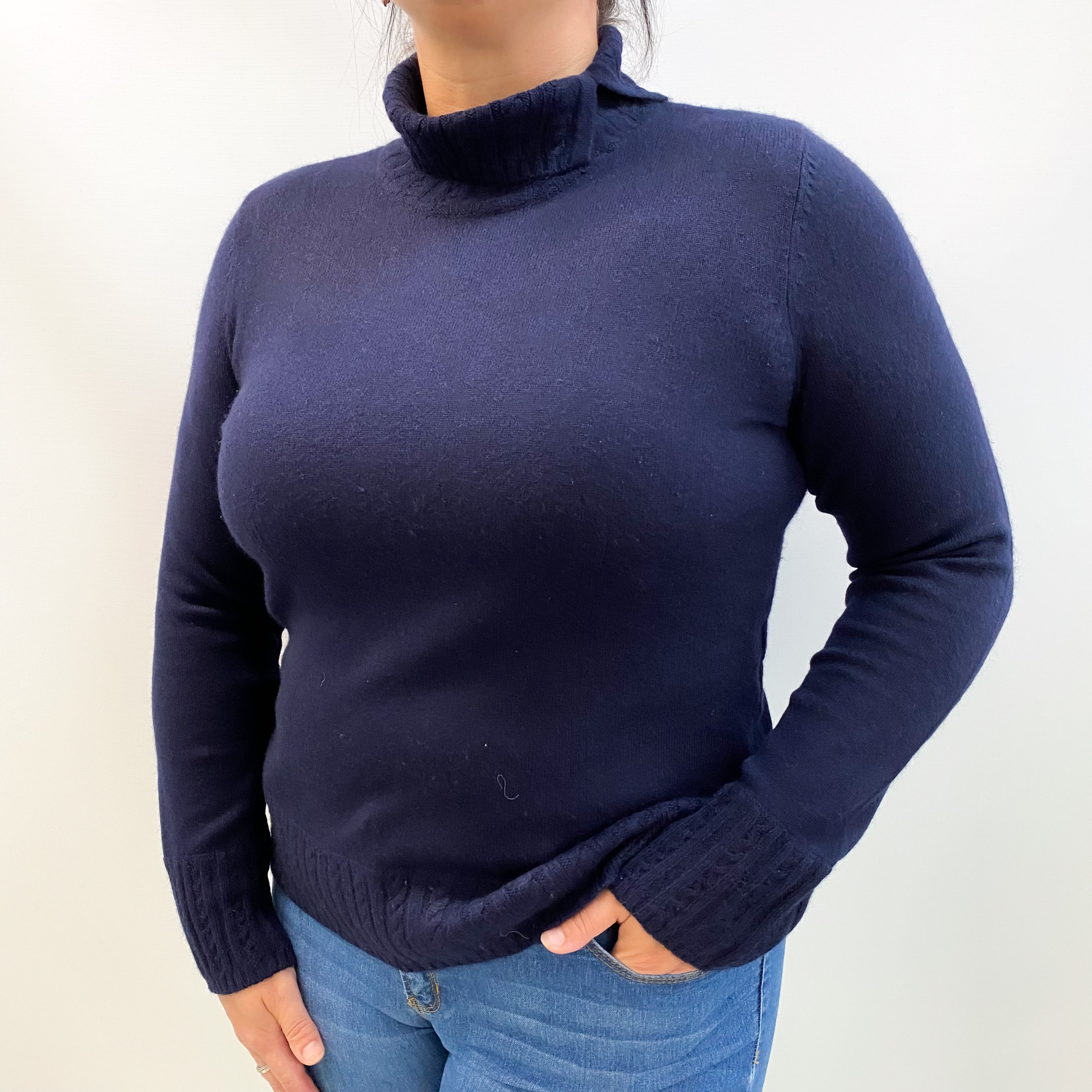 Deep Navy Blue Cashmere Split Polo Neck Jumper Large