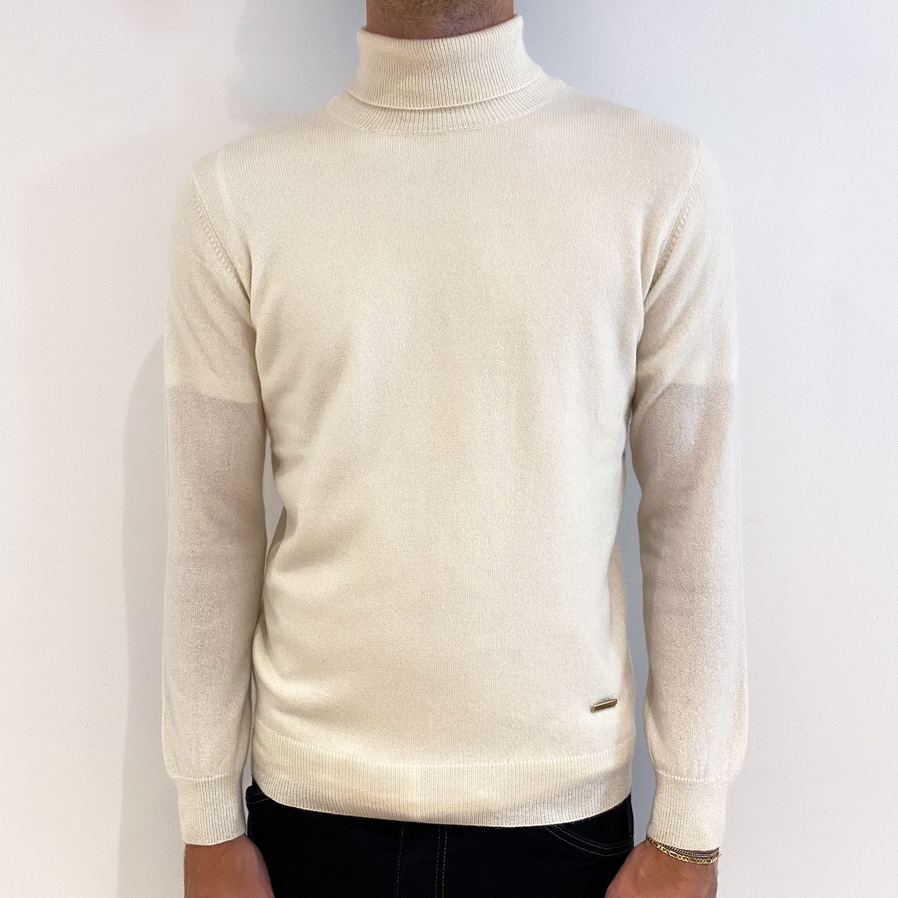 Men's Ivory Cashmere Polo Neck Jumper Medium