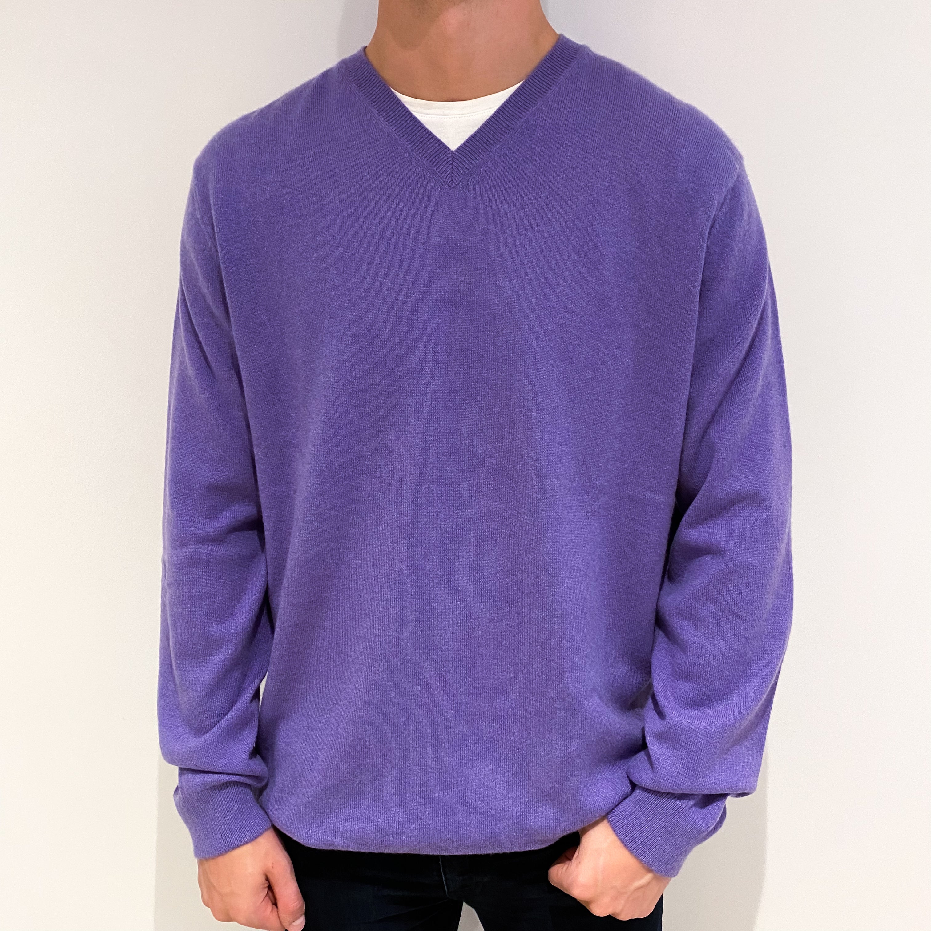 Men's Periwinkle Purple Cashmere V-Neck Jumper Extra Extra Large Tall
