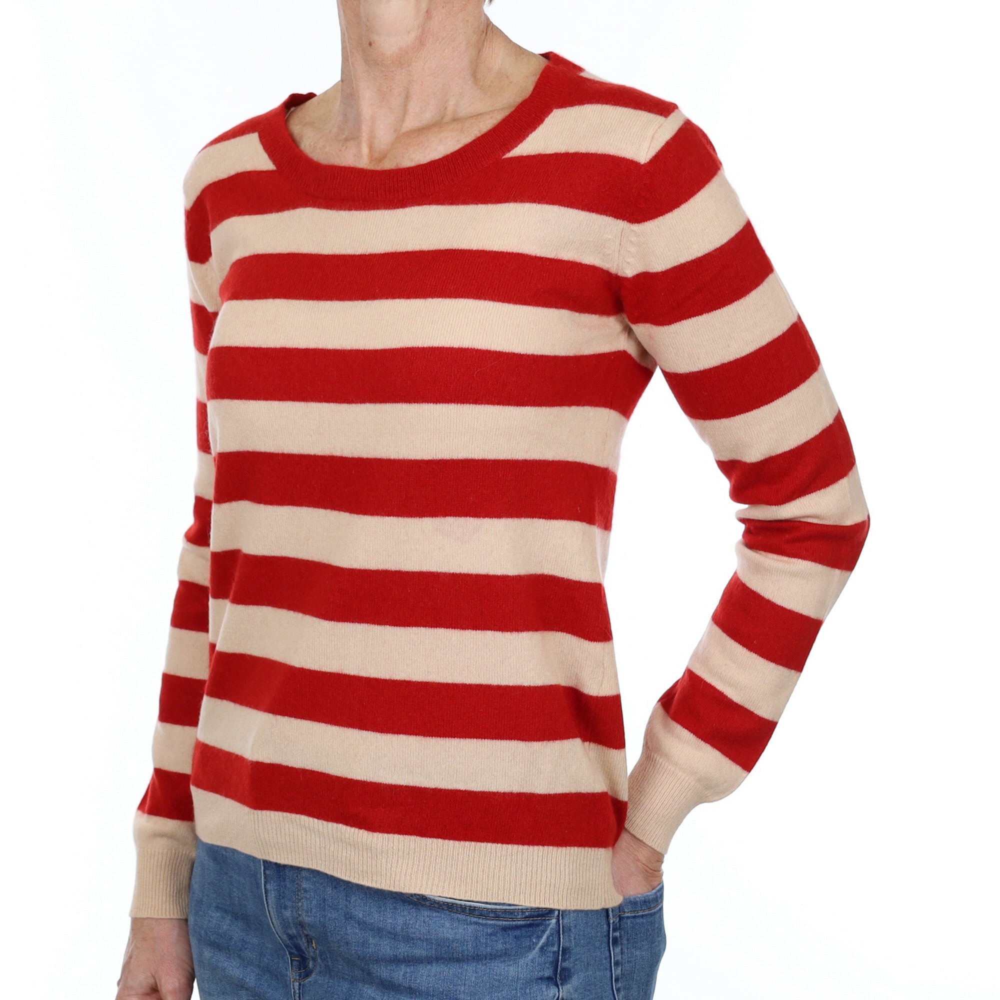 Red and Beige Stripe Cashmere Crew Neck Jumper Small