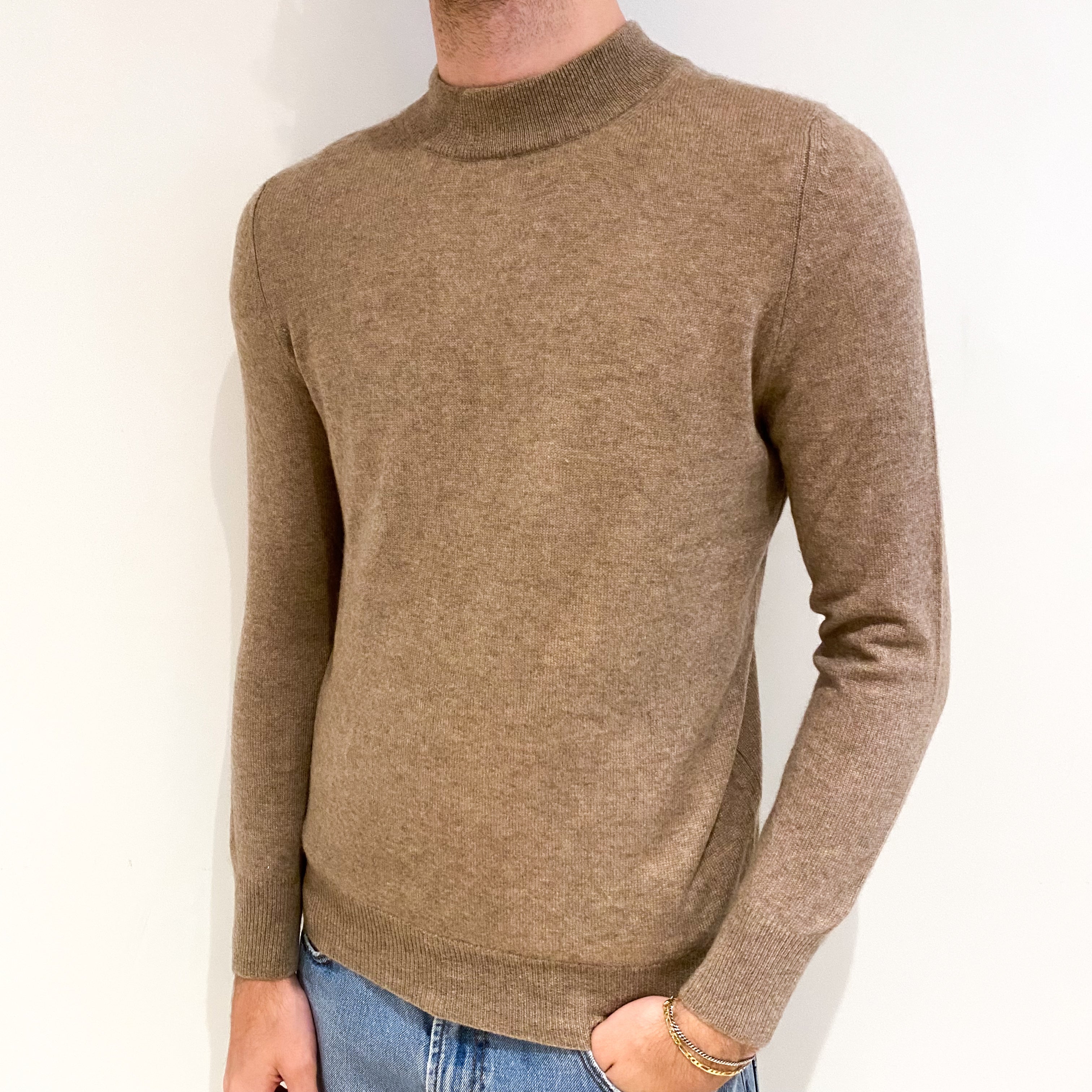 Men's Taupe Brown Cashmere Turtle Neck Jumper Medium