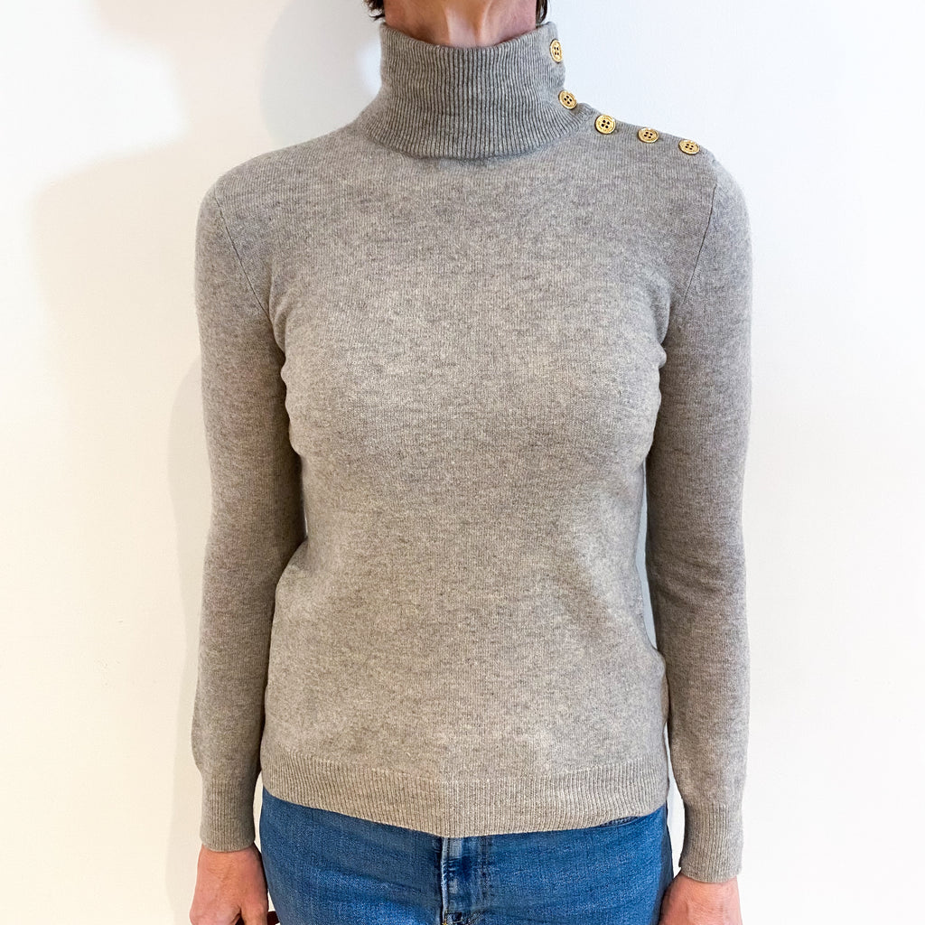 Smoke Grey Cashmere Buttoned Turtle Neck Jumper Small