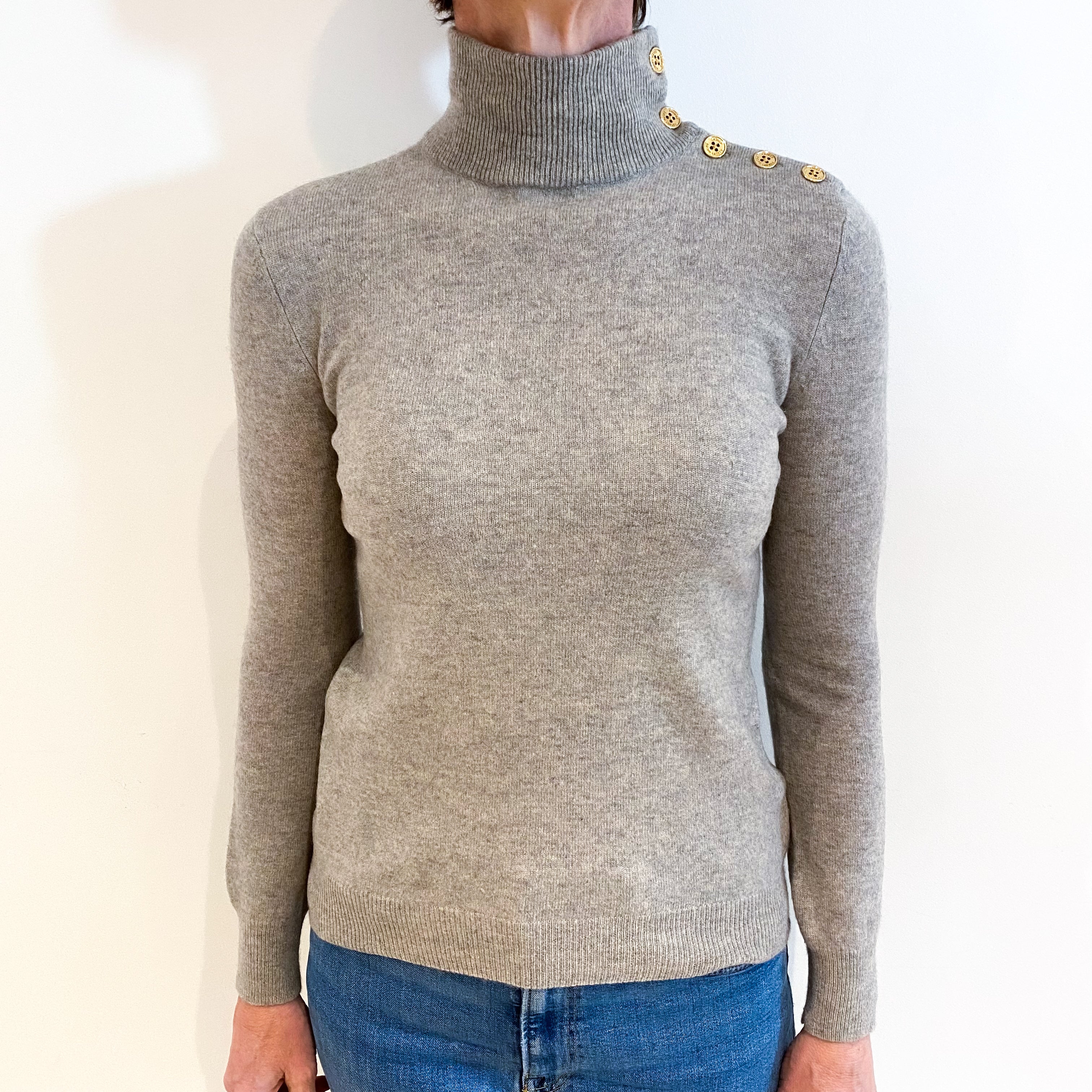 Smoke Grey Cashmere Buttoned Turtle Neck Jumper Small