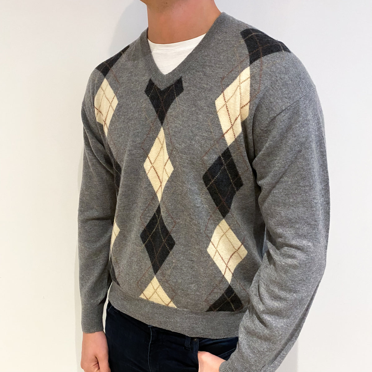 Men's Ash Grey Patterned Cashmere V Neck Jumper XL