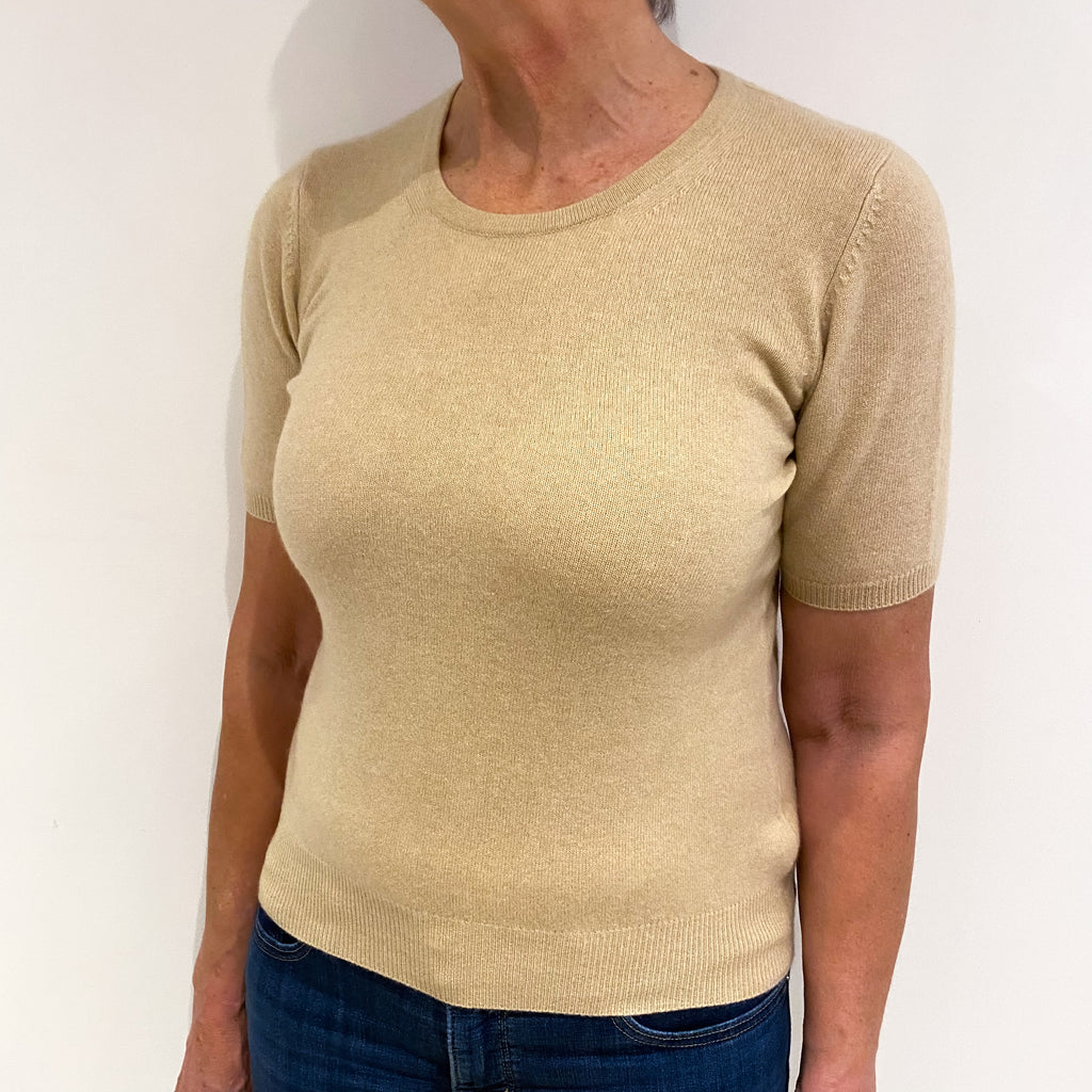 Sand Beige Cashmere Crew Neck Short Sleeved Jumper Medium