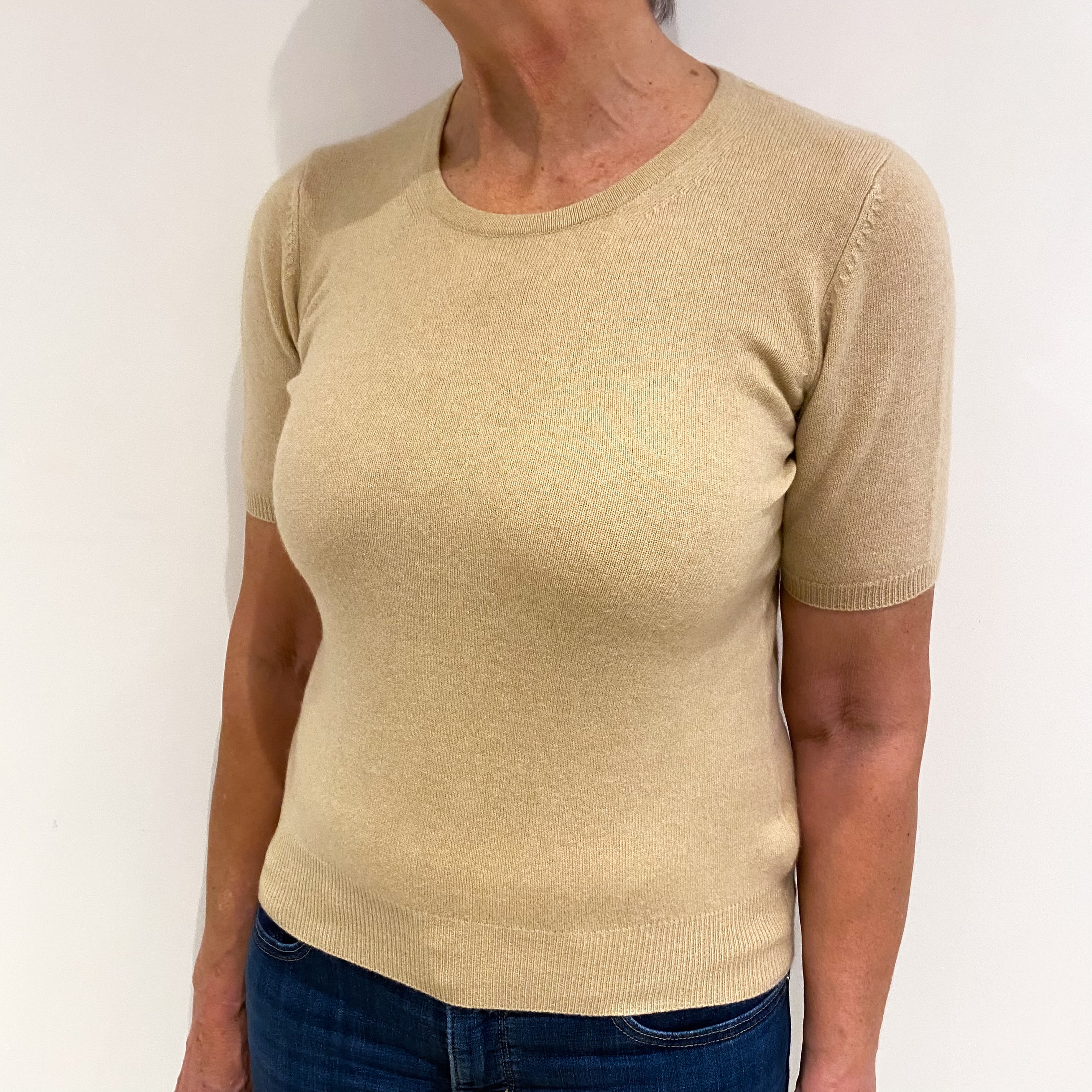 Sand Beige Cashmere Crew Neck Short Sleeved Jumper Medium