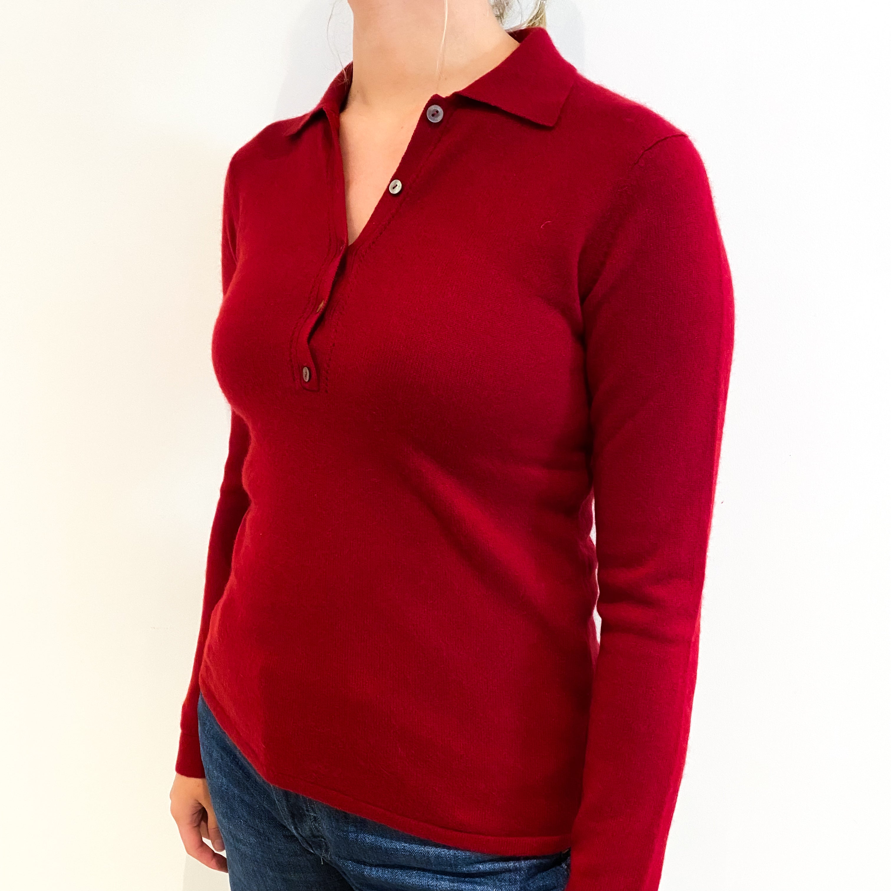 Crimson Red Cashmere Collared 1/4 Button Jumper Small