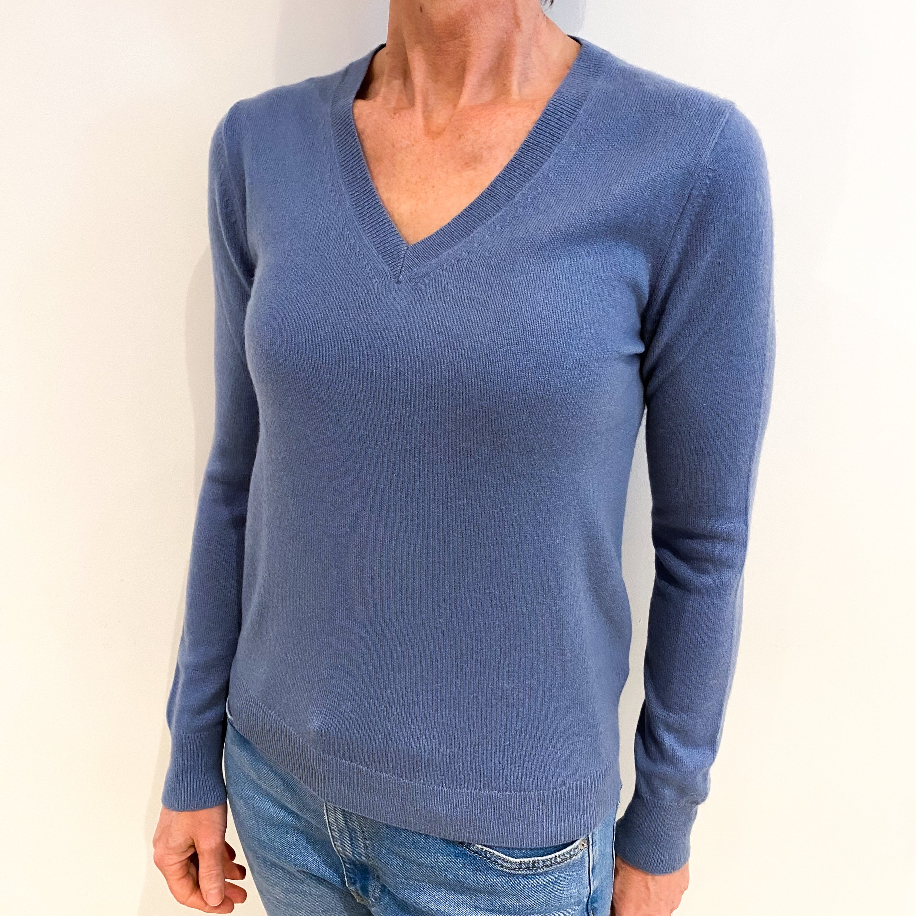 Dusky Blue Cashmere V Neck Jumper Small