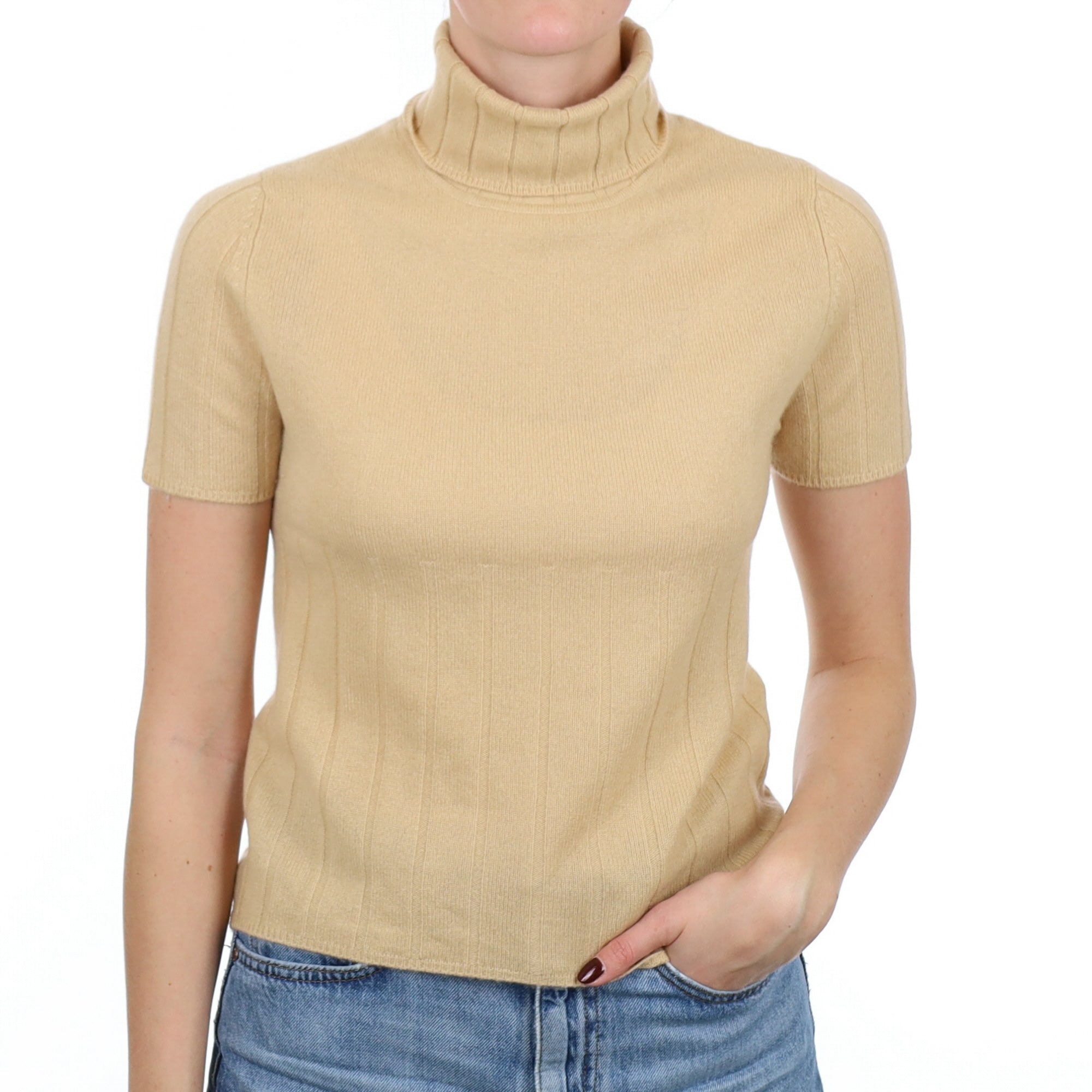 Caramel Brown Cashmere Short Sleeve Polo Neck Jumper Small