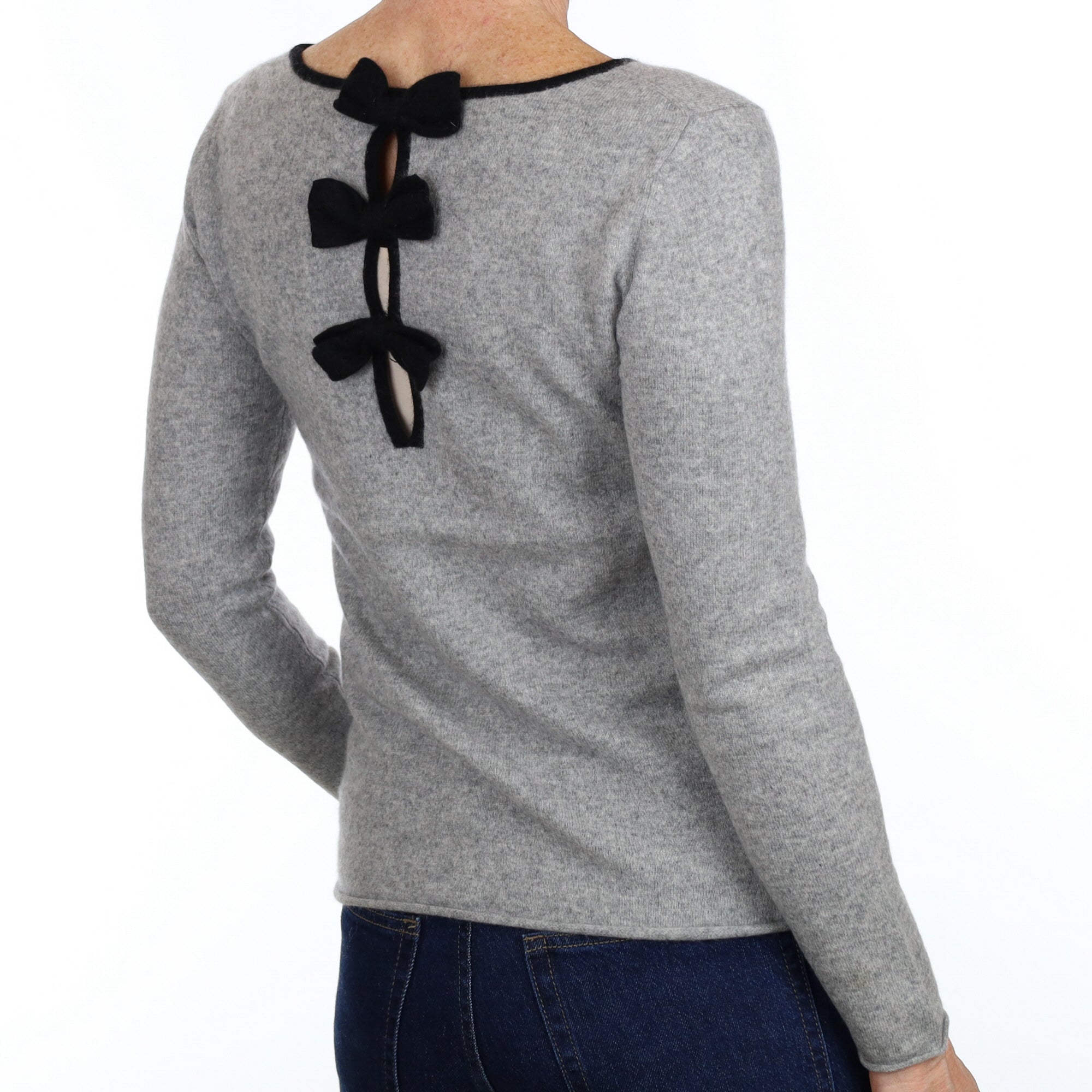 Grey Bow Detail Cashmere Crew Neck Jumper Small