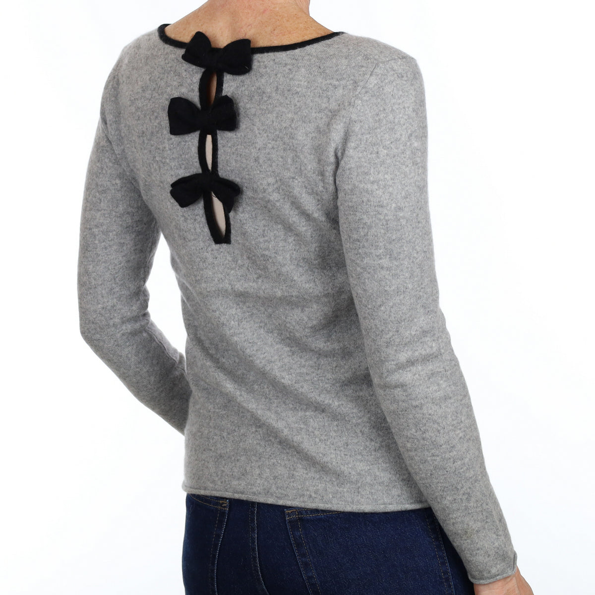 Grey Bow Detail Cashmere Crew Neck Jumper Small