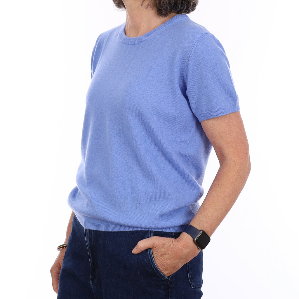 Brand New Cornflower Blue Cashmere Crew Neck T-Shirt Medium UK 12-14
