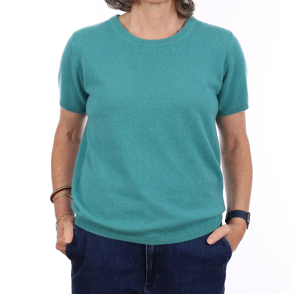 Brand New Lagoon Green Cashmere Crew Neck T-Shirt Medium UK 12-14