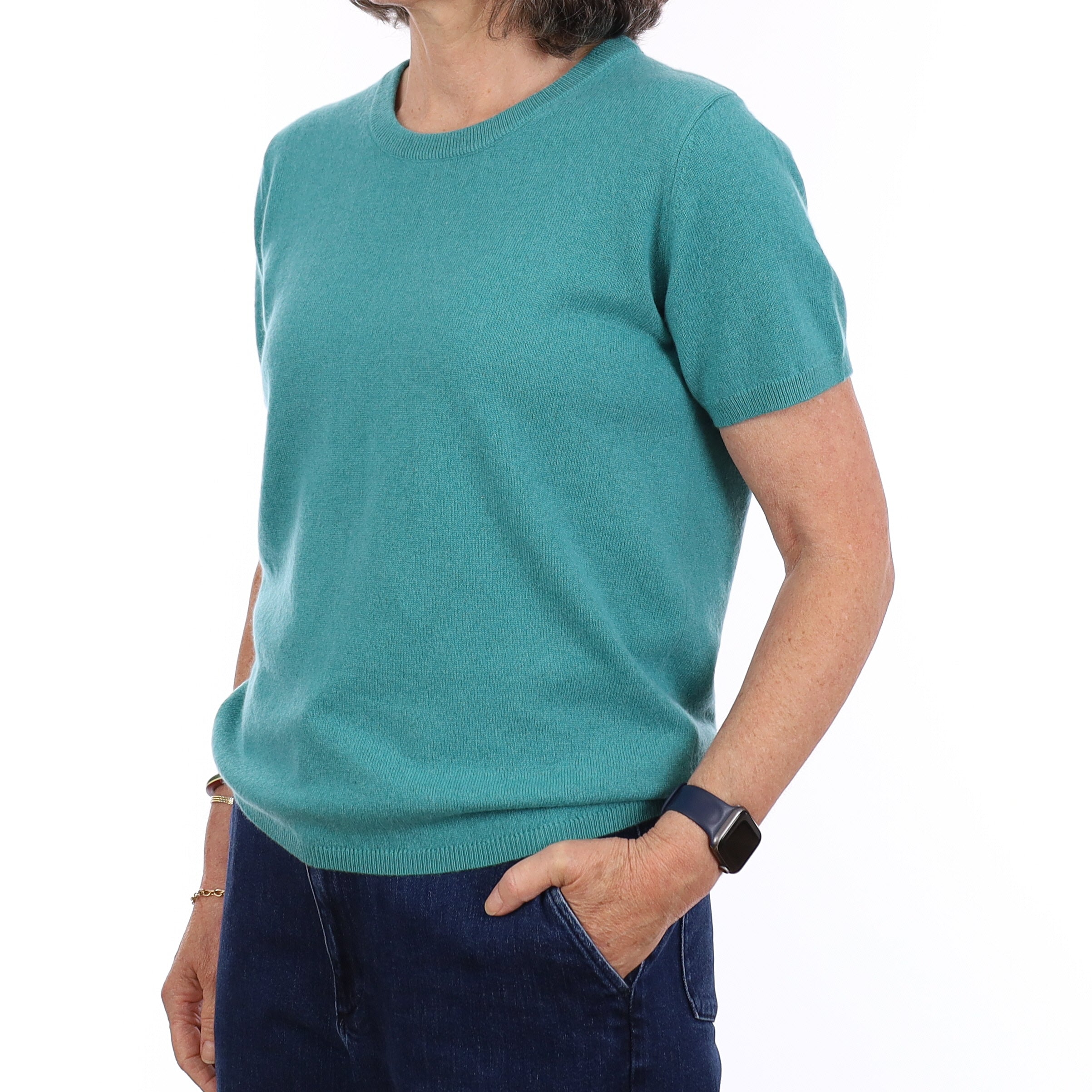 Brand New Lagoon Green Cashmere Crew Neck T-Shirt Medium UK 12-14